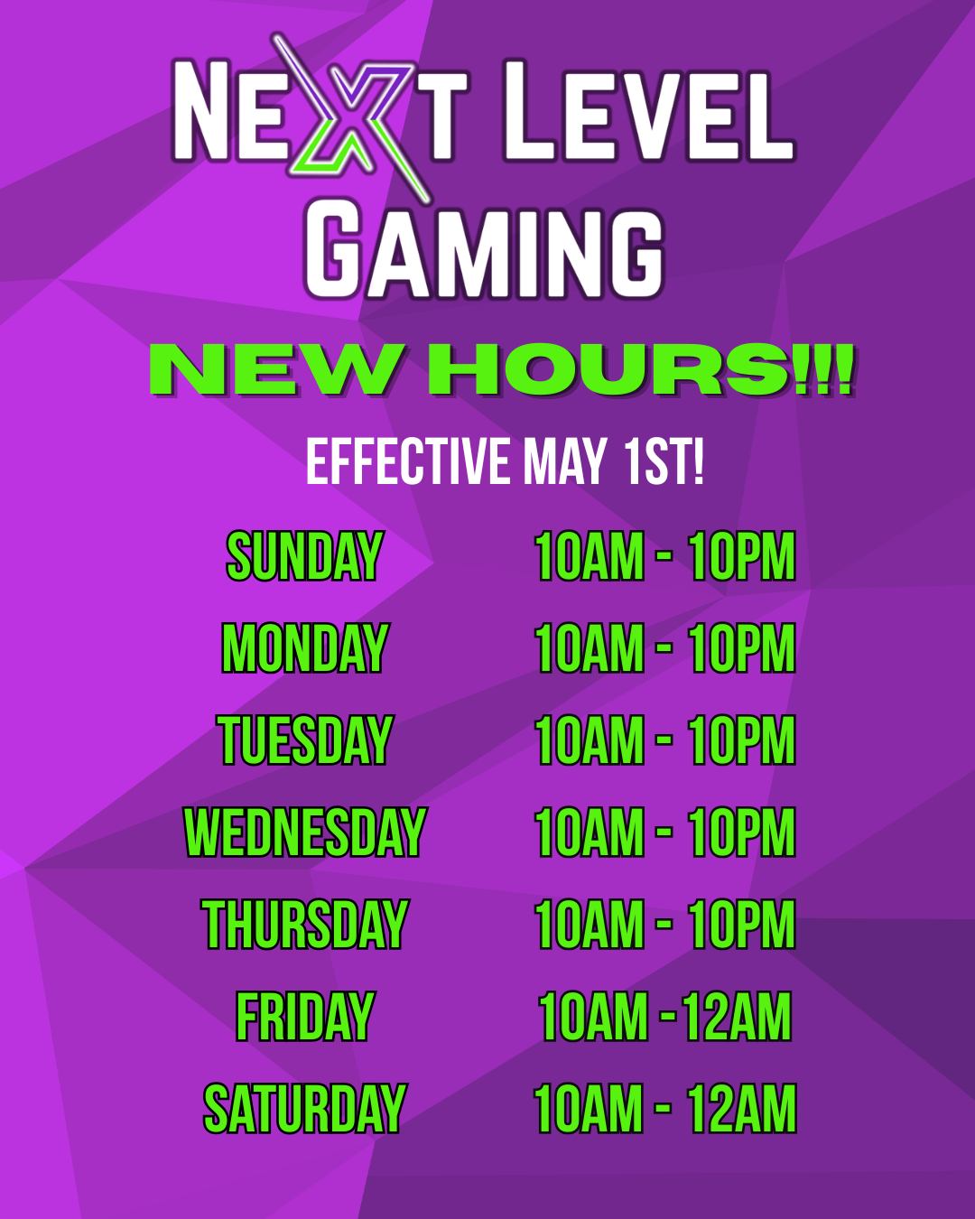 New Hours Start Tomorrow!!!
Open more hours, for more gaming!!!
#nextlevelgamingaz #lgs #aztcg #localcardshop #localgameshop #localgamestore