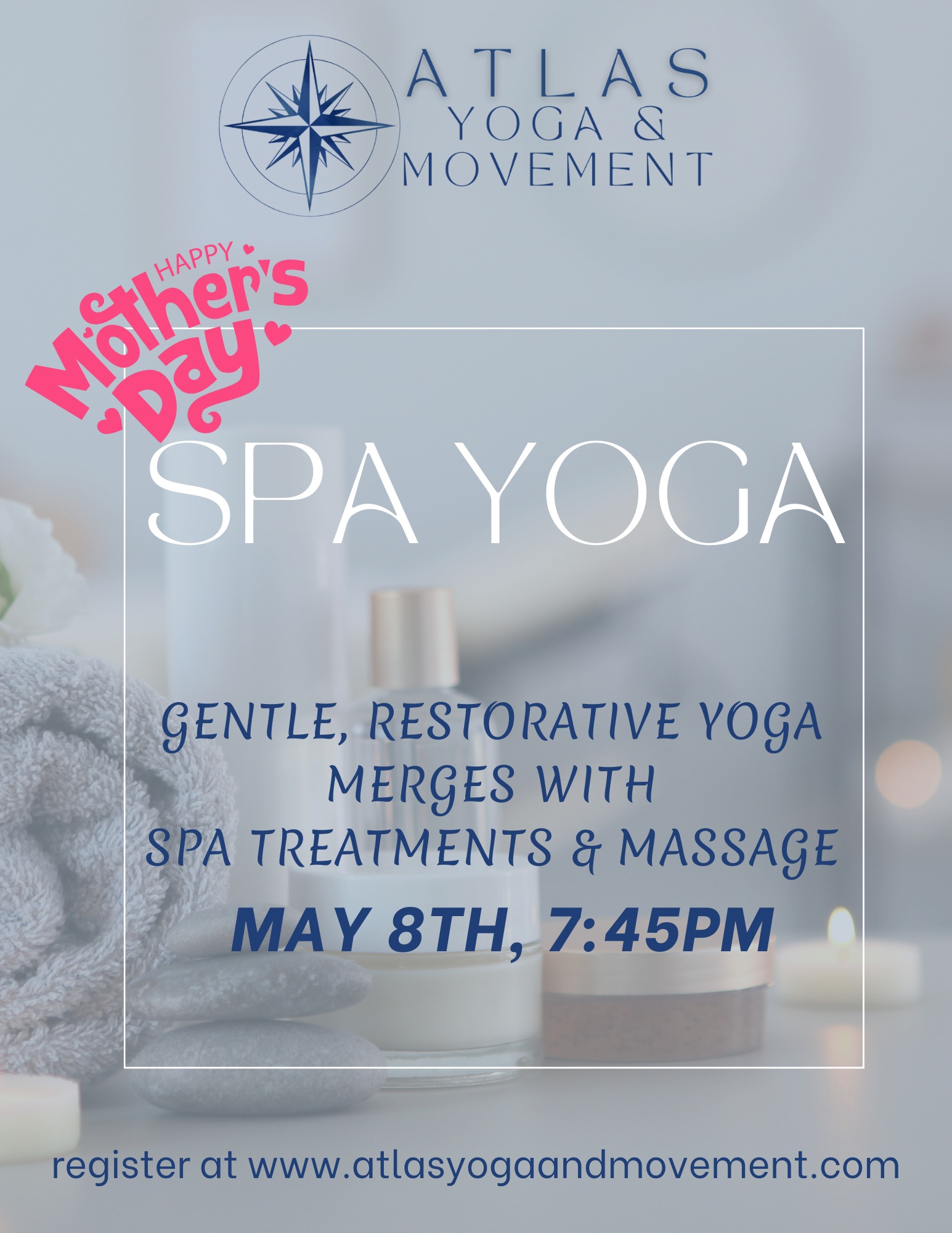 ⨠Spa Yoga Night āØ
Unwind and melt into 90 minutes of pure relaxationārestorative yoga with poses held for several minutes, fully supported by props, combined with massage, hot towels & stones, a paraffin hand wax, and soothing eye gels.
š Friday, May 8th
ā° 7:45 PM
š² $55
The perfect way to treat yourself or celebrate Motherās Day š
Register here:
https://www.atlasyogaandmovement.com/events