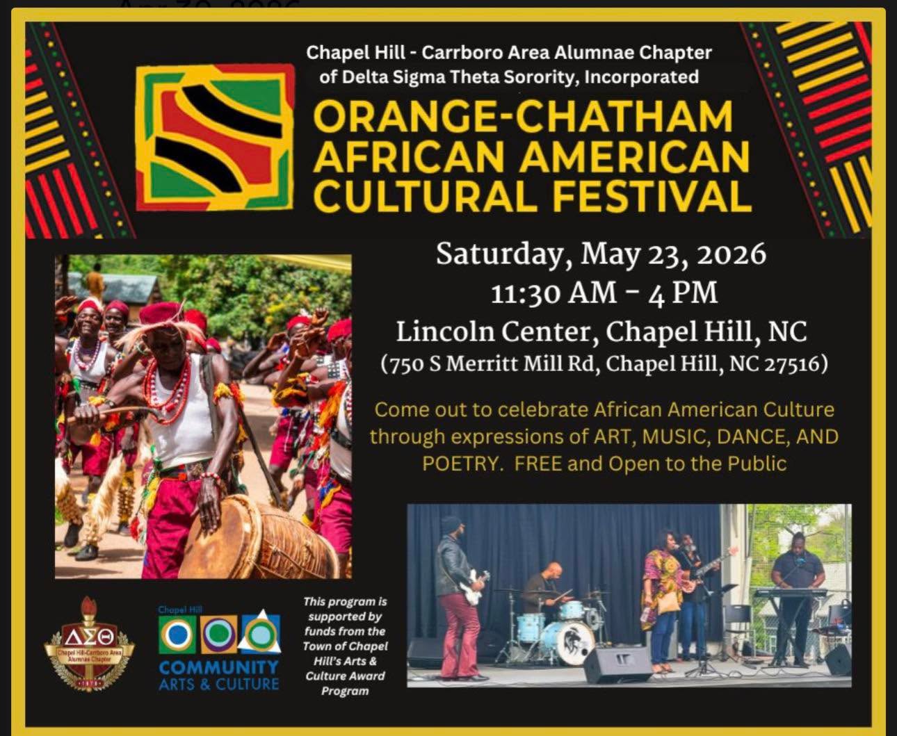 The Chapel Hill-Carrboro Area Alumnae chapter of Delta Sigma Theta Sorority Incorporated is asking you to Mark your calendars for the 2026 Orange - Chatham African American Cultural Festival!