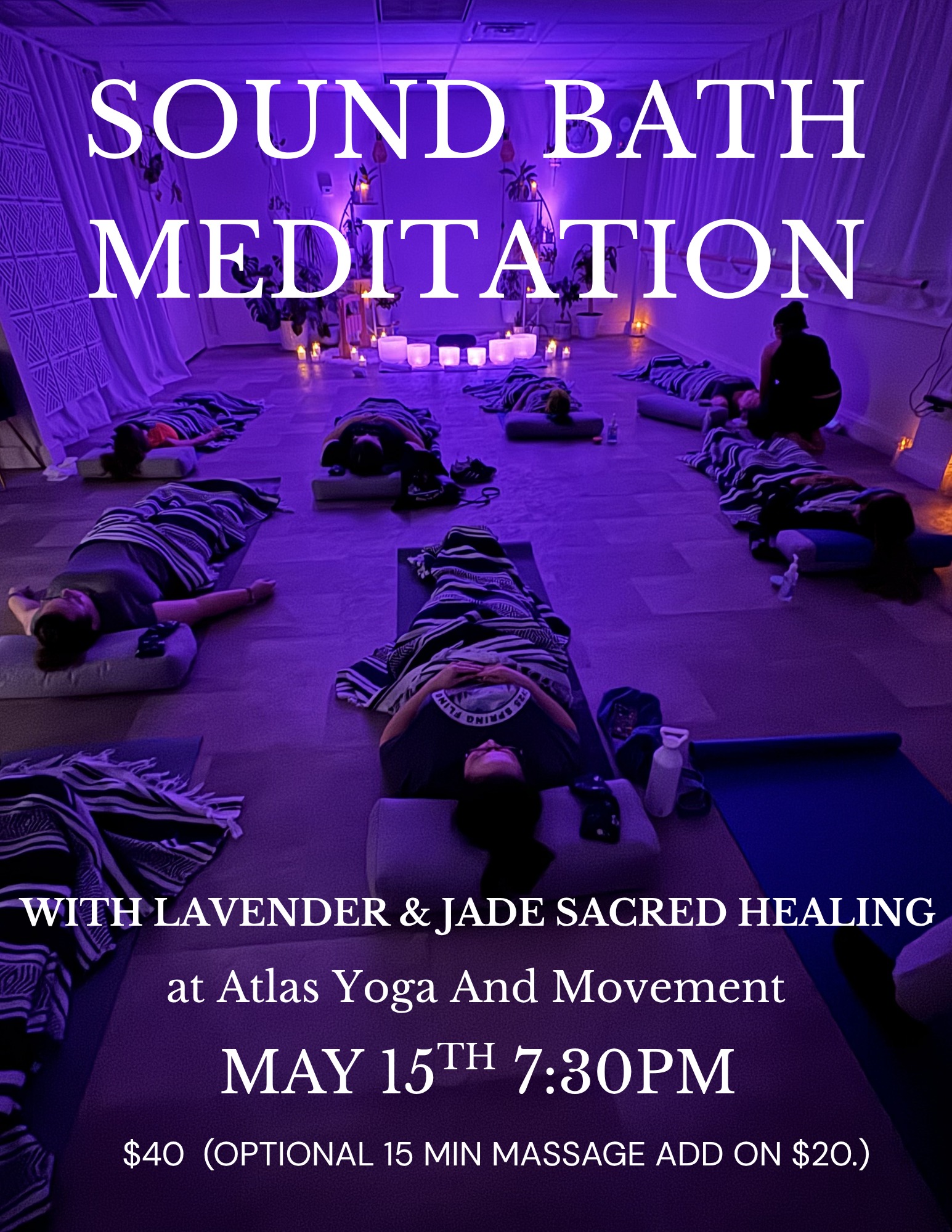 ⨠Sound Bath Meditation āØ
Take a moment to slow down and unwind. Join us for an evening of rest and relaxation with sound:
š¶ Crystal bowls, chimes, and gentle instruments
šæ Guided by Liz Mooney of Lavender & Jade Sacred Healing
š« A calming space to reset and recharge
š
Thursday, May 15th | 7:30 PM
*Optional 15 minute massage add on.
Come get comfortable, close your eyes, and enjoy the experience.