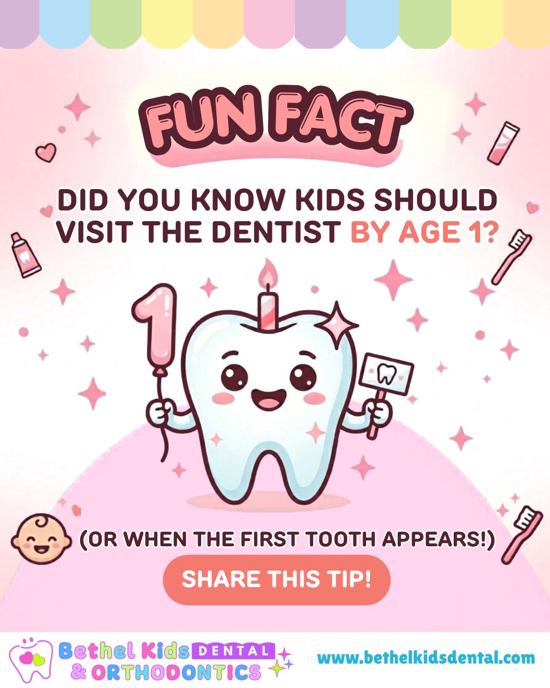 🦷 Did you know your baby's first dental visit should happen by their 1st birthday — or when that first tiny tooth pops through?
Early dental care sets the foundation for a lifetime of healthy smiles! Book your little one's visit today. 😊
Visit us at any of our locations:
Lodi: 531 W. Kettleman Lane, Lodi, CA 95240 | (209) 400-2018
Manteca: 1660 W. Yosemite Ave, Manteca, CA 95337 | (209) 500-1910
Sacramento: 3633 Bradshaw Rd, Sacramento, CA 95827 | (916) 810-2025
📍 Bethel Kids Dental & Orthodontics
🌐 www.bethelkidsdental.com
#BethelKidsDental #KidsDentist #FunFact #BabyTeeth #PediatricDentistry #HealthySmiles #MomTips #DadTips #ToddlerHealth #FirstToothFirstVisit