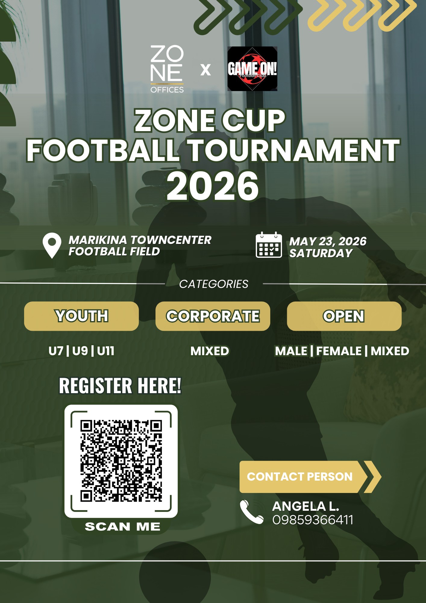 Where work meets play β½
Zone Cup 2026 is our introduction to the football community and weβd love to have your team on the field.
Team slots are limited and registration will close once filled.
At Zone Offices, we bring people together through shared spaces and experiences. This tournament brings that same energy onto the field.
Whether youβre forming a team with friends, joining as a corporate group, or signing up a youth squad, this is your chance to compete, bond, and enjoy the game.
Why join:
β’ Competitive matchups across divisions
β’ A full day with your team
β’ Meet a wider football community
β’ Be part of the first Zone Cup
Team roster limits:
β’ Youth Division: Up to 12 players per team
β’ Adult Divisions: Up to 15 players per team
Sign up your team:
https://forms.gle/nhLrFs6pSHT5sd2v6
Weβll reach out with next steps after sign-up.
For inquiries, you may contact Angela L. at 09859366411.
Weβre excited to have you and your team join us. Letβs play. See you on the field. β½
For Event Partners:
If youβre a brand looking to connect with a growing community of players, teams, and professionals, weβd love to have you be part of Zone Cup 2026.
Weβre opening a few Event Partner slots for those whoβd like to show up on ground and engage with the community throughout the day.
Send an email to Samantha Bernabe at sam@zoneoffices.com (Subject: Event Partner_Company Name)