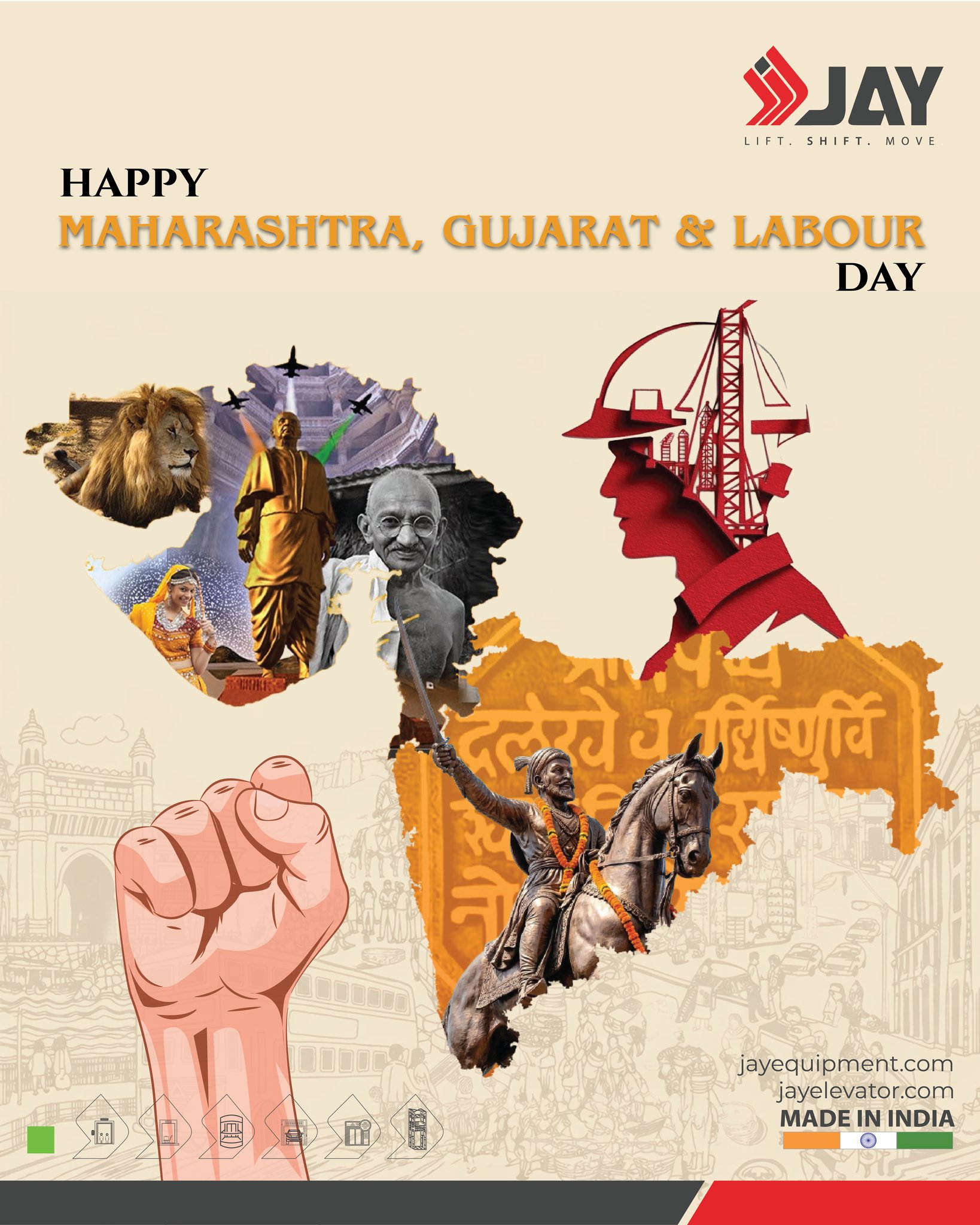 Celebrating the spirit of strength, unity, and hard work this
Maharashtra Day, Gujarat Day & Labour Day 🇮🇳
.
From the legacy of great leaders to the power of today’s workforce,
we salute every hand that builds the nation.
.
At Jay Equipment, we carry the same spirit forward —
Lift. Shift. Move.
.
Let’s keep building India, together. 💪
.
#MaharashtraDay #GujaratDay #LabourDay #IndiaGrowth #MadeInIndia #IndustrialIndia #NationBuilders #JayEquipment #LiftShiftMove