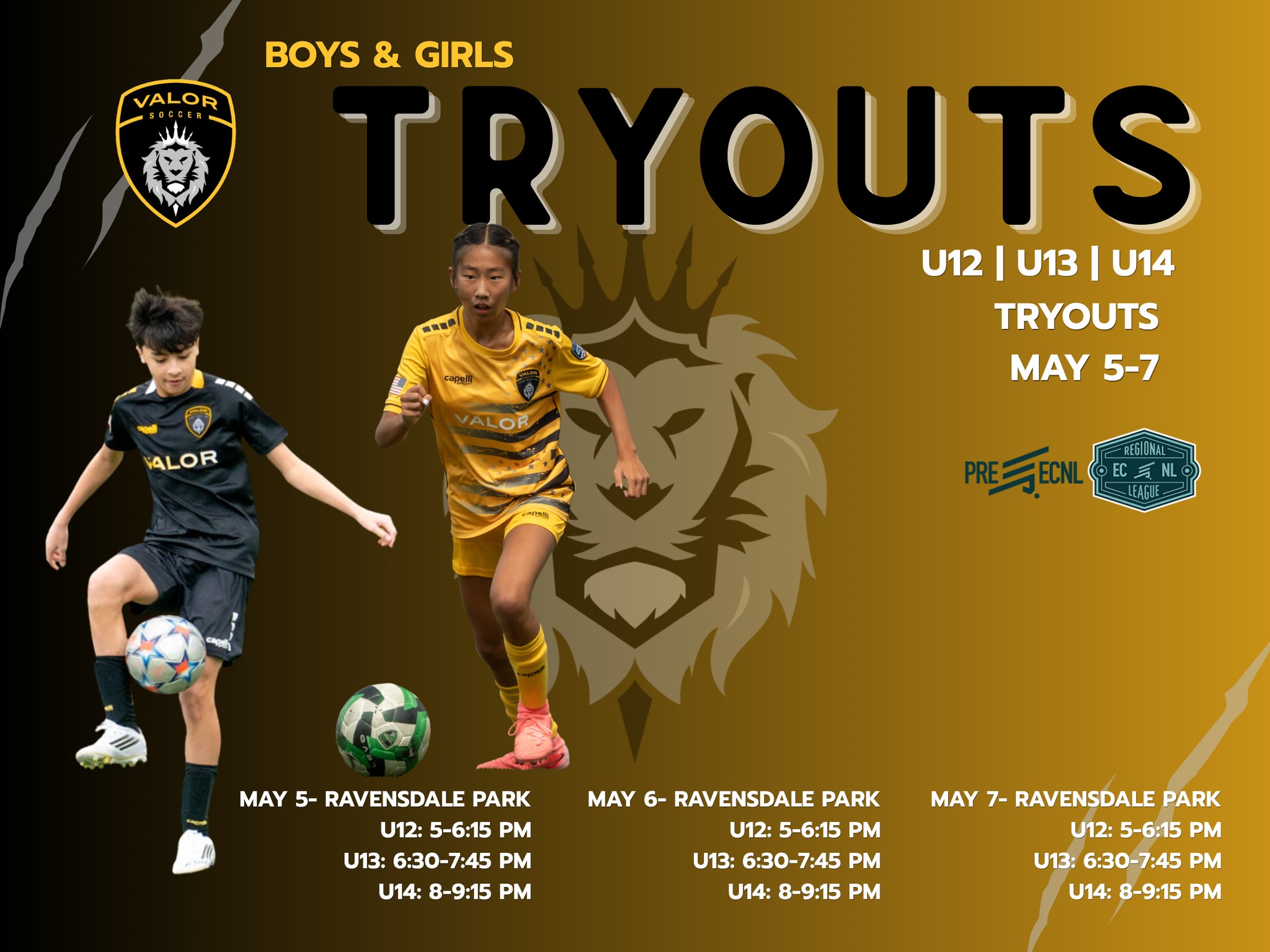 Next Week 🤝 Next Tryout Phase
We're excited to kick off tryouts for our Boys & Girls U12-U14 teams as we enter a new season competing in the ECNL-RL platform. Join us for this next stage of Valor Soccer. #ECNLRL #SpringTryouts #WeAreValor #ValorPride
Tryouts begin Tuesday, online registration closes Monday. Walk-up registration at tryouts will be available for an additional fee.
To register, click the link in our bio.