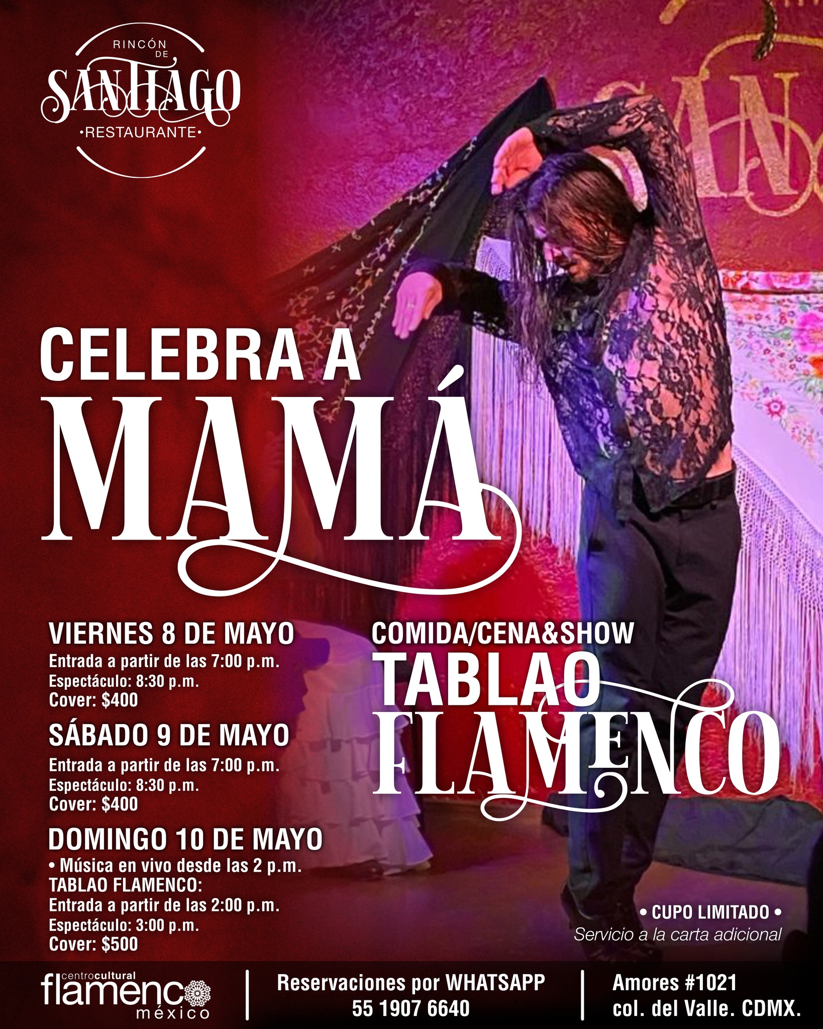 Celebra a mamá en la casa del flamenco en México 💐
Este fin de semana regálale un plan que sí va a disfrutar:
una comida deliciosa acompañada de un show flamenco en vivo.
Un ambiente especial, buena mesa y un espectáculo que se vive de cerca.
Los lugares se llenan rápido, reserva con tiempo.
📍 Amores 1021, Col. Del Valle
📲 55 2892 5327
--
#TablaoFlamenco #cenashow #flamencocdmx #baileflamenco #tablao #flamencomexico