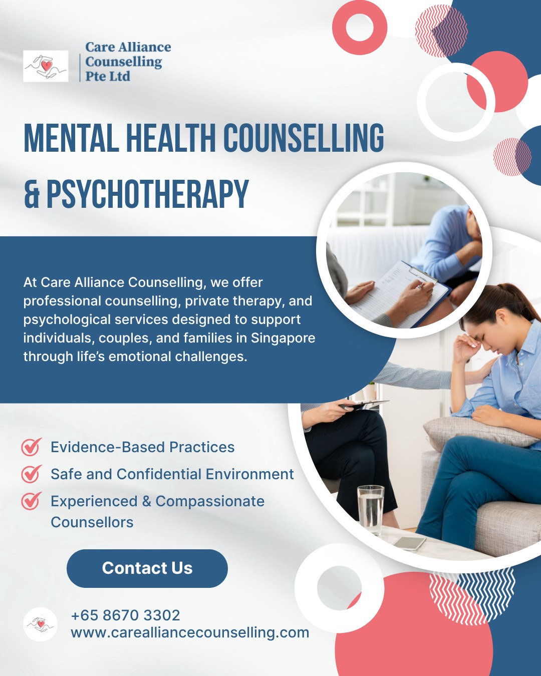 💙 Support Starts Here 💙
You don’t have to go through life’s challenges alone. At Care Alliance Counselling, we provide a calm, safe, and confidential space where you can openly share, reflect, and begin your journey towards healing.
Whether you’re feeling overwhelmed, anxious, or simply need someone to talk to, our experienced and compassionate counsellors are here to support you every step of the way. 🌿
Taking the first step may feel hard, but it could be the start of something better. 🤍
📞 Contact us: https://wa.me/+6586703302
🌐 Learn more: www.carealliancecounselling.com
✉️ Email us: info@carealliancecounselling.com
📍 Visit us: 20 Kramat Lane, #04-11 United House Somerset, Singapore 228773
#CareAllianceCounselling #MentalWellbeing #TherapySupport #CounsellingSingapore #AnxietySupport #StressManagement #MentalHealthSG #YouAreNotAlone