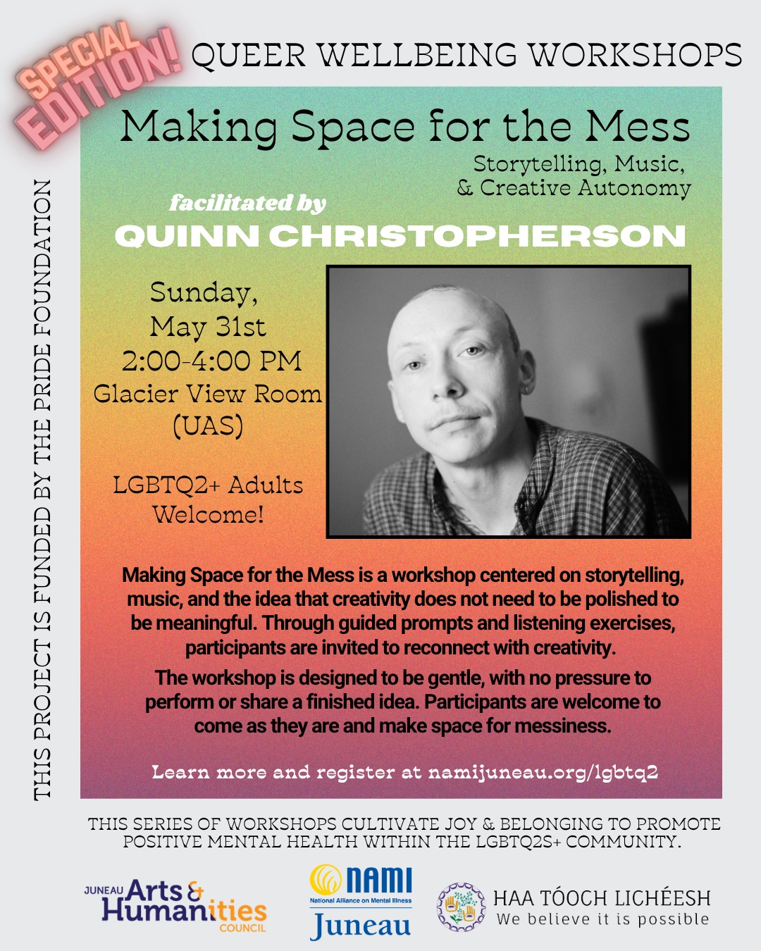 **Link in bio to register or visit namijuneau.org/lgbtq2**
We hope you can join us in May for a special edition of our Queer Wellbeing Workshops- Making Space for the Mess, facilitated by Quinn Christopherson!
Quinn Christopherson is an Ahtna and Inupiaq songwriter from Anchorage, Alaska. He won NPR’s Tiny Desk Contest in 2019 and has since toured across the U.S. and Canada. His debut album, Write Your Name in Pink (2022), blends honest storytelling with bold sound. Most recently, Quinn co-wrote Portugal. The Man’s song “Denali.”
Queer Wellbeing Workshops are generously funded by @pridefdn