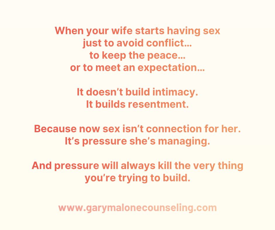 Men, if sex is the only place you know how to connect,
then every “no”/"not right now" will start to feel like disconnection or rejection.
So you pursue harder.
You initiate more.
You try to create more opportunities.
Not because you’re selfish…
but because you’re trying to get back to connection.
And that’s where things quietly shift.
Because for her, it doesn’t feel like connection anymore.
It feels like expectation.
And expectation, especially around something as vulnerable as sex,
doesn’t create desire.
It restricts it.
So she starts to feel boxed in.
Like her body isn’t fully hers.
Like she can’t just be… without it leading somewhere.
And when that happens, her nervous system does what it’s supposed to do.
It pulls back.
Not to punish you.
Not because she doesn’t love you.
But because she doesn’t feel free or emotionally safe.
When she starts having sex just to avoid conflict…
to keep the peace…
or to meet an expectation…
It doesn’t build intimacy.
It builds resentment.
Because now sex isn’t connection for her.
It’s pressure she’s managing.
So she pulls back even more.
And the cycle tightens.
Over and over again.
This isn’t about one person being right and the other being wrong.
It’s about a pattern that quietly turns something meant to bring you together…
into something that drives you apart.
If you’re a man reading this...
your desire for sex isn’t the problem.
But if sex is the only place you know how to feel close,
you’re going to unintentionally create pressure.
And pressure will always kill the very thing you’re trying to build.
If you’re a woman reading this...
your need for emotional safety and freedom isn’t rejection to him.
It’s the foundation of real desire.
The goal isn’t just more sex.
It’s building a relationship where both people feel safe enough
to actually want it.
Because when connection exists outside the bedroom…
It finally has a chance to come back inside of it.
If this pattern feels familiar, you don’t have to keep guessing your way through it...let’s figure it out.