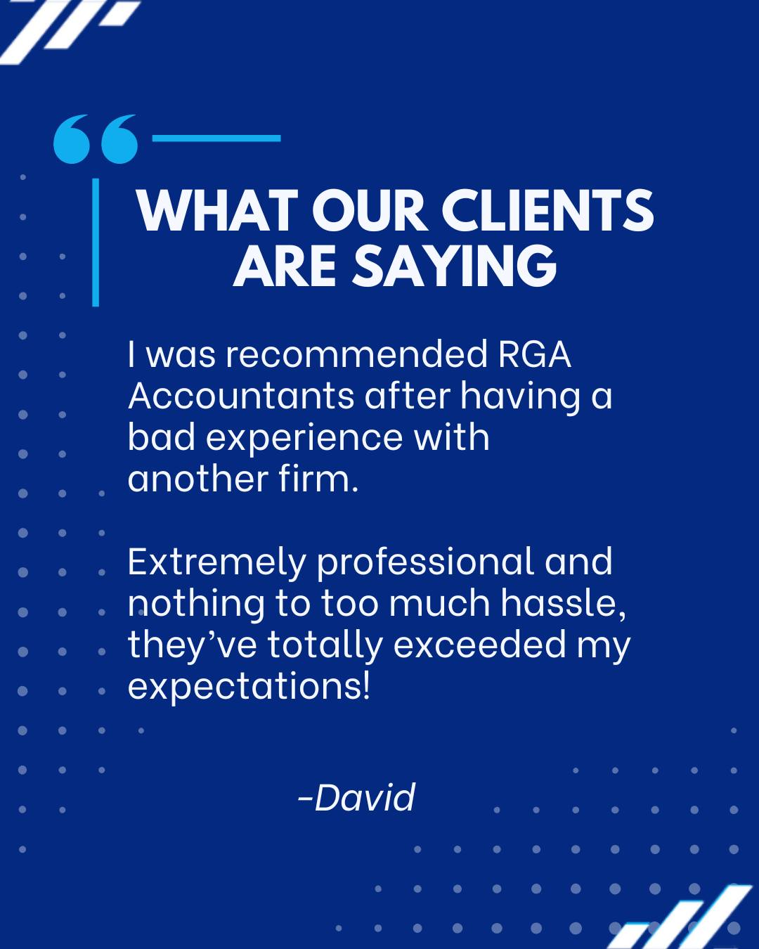 We love hearing from our clients! Providing professional, hassle-free service is what we do best.
If you’ve had a poor experience elsewhere, let us show you the RGA difference.
Your business deserves expert care.
#testimonial #localaccountants #rga #accountantni