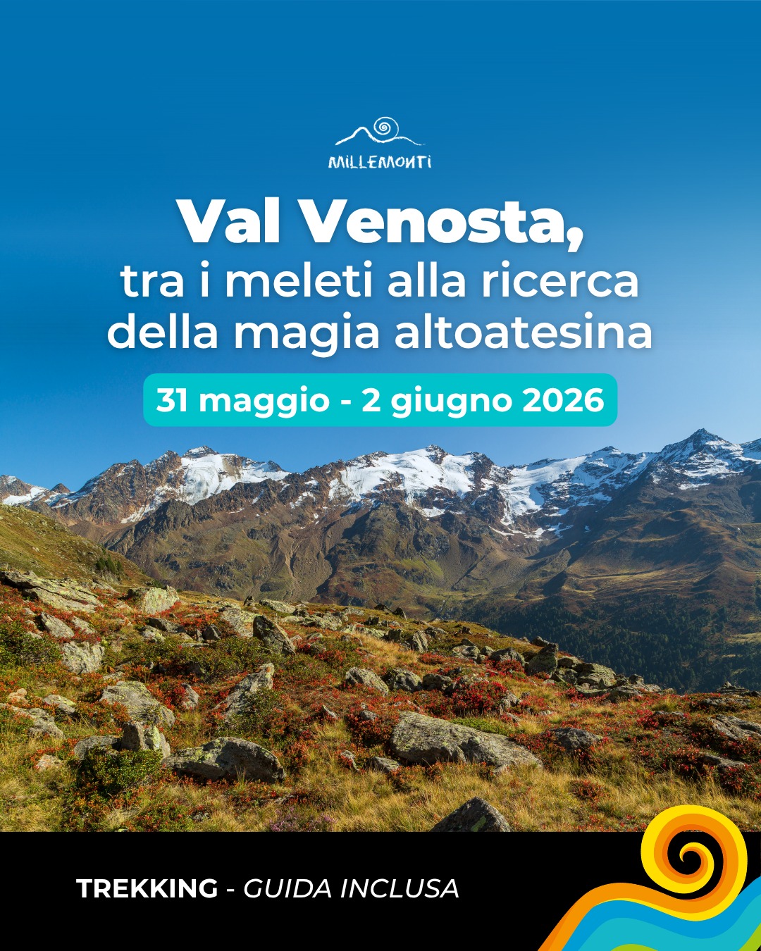 🍏 VAL VENOSTA, tra i meleti alla ricerca della magia altoatesina
📅 31/05 – 02/06/2026
Tre giorni per rallentare. Respirare. Camminare. E lasciarsi sorprendere ✨
C’è un luogo, in Alto Adige, dove l’acqua scorre lenta lungo antichi canali, i meleti profumano l’aria e i sentieri invitano a perdersi nella natura. È la Val Venosta, ed è qui che ti portiamo per un weekend di #trekking esclusivo, accompagnato da una Guida professionista e insieme un gruppo di appassionati come te 🥾💚
🌿 Cammineremo lungo i suggestivi #Waalwege, tra vigneti terrazzati, boschi e panorami mozzafiato sulla Val Senales e sulle cime oltre i 3000 metri.
Un’esperienza immersiva, dove la montagna si vive con lentezza… e gusto.
✨ Tra castelli, borghi medievali, soste golose e succhi di mela, ogni giornata sarà un mix perfetto di natura, scoperta e convivialità.
👉 Scopri il programma completo su www.millemonti.it
e unisciti al gruppo!
#millemonti #outdoor #viaggiodigruppo #trekking #viaggiare #viaggi #vacanza #vacanze #viaggiotrekking #vacanzedigruppo #viaggiodigruppo #ValVenosta #AltoAdige @sportlandweb_ @kayland_official @rockexperienceofficial @guidealpinelombardia @guidealpine_italiane