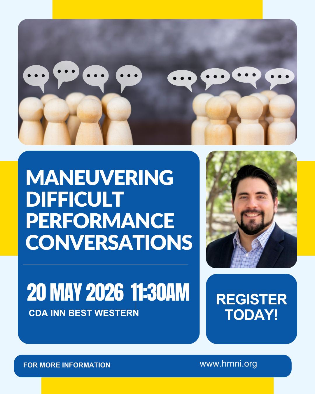 You don’t wake up excited to have a tough performance conversation but avoiding it doesn’t make it easier. It just makes it louder over time.
Join us for our upcoming event, Maneuvering Difficult Performance Conversations, where Kenny Hassenteuffel will share practical strategies to address underperformance, build trust, and lead more effective conversations.
Walk away with tools you can use immediately to handle these moments with confidence and make them count.
#hrnni #difficultconversations #humanresources #performanceconversations