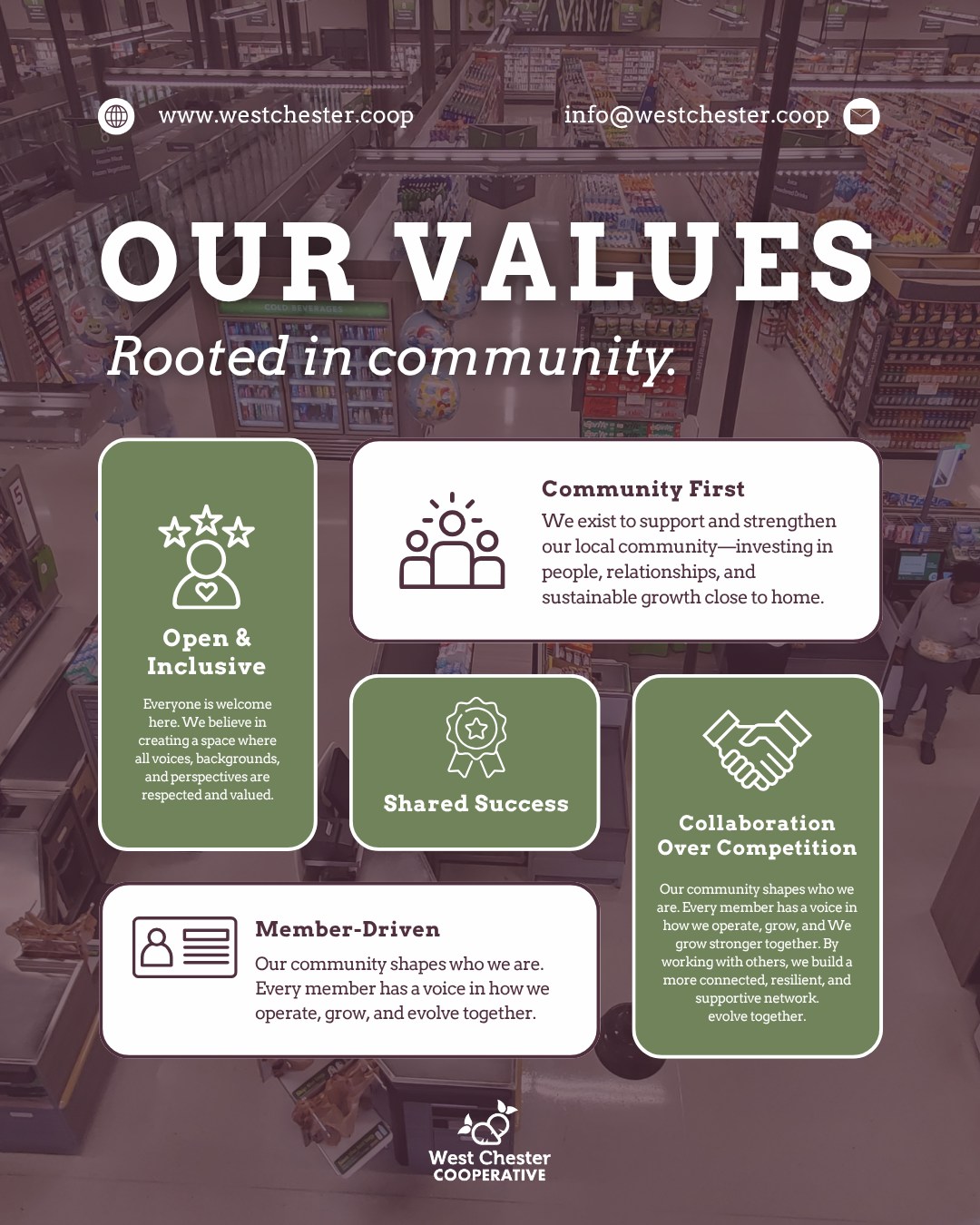 We’re guided by our Co-op Values every single day 🌱💚
From kindness and inclusion to transparency, sustainability, and community, these values shape everything we’re building together 🌎✨
We’re also creating a true one-stop shop for all your grocery needs, bringing fresh, local, and high-quality options all under one roof.
It’s more than a grocery store—it’s a shared vision for a better, more connected West Chester.
Become a member owner by clicking the link in our bio!