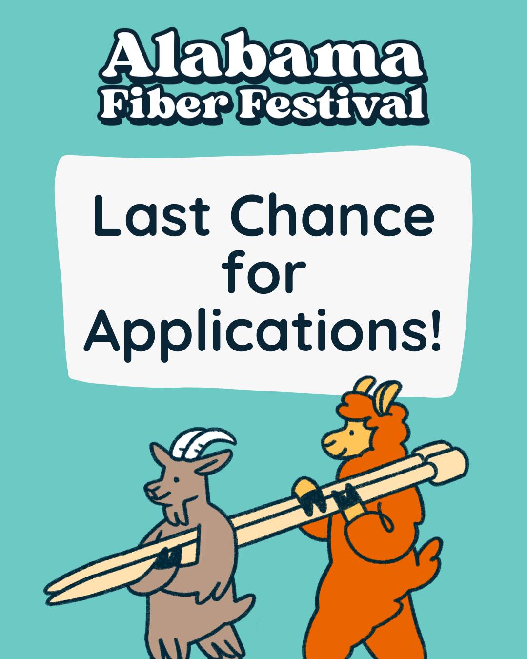 ⏰ 24 HOURS LEFT! ⏰
Vendor + workshop applications for the 2026 Alabama Fiber Festival close tomorrow at midnight (Friday, May 1st)! Visit alfiberfest.com/apply
We are truly blown away by the number of applications we’ve received so far. Thank you to everyone who has applied so far, it’s going to make for an incredible festival… and some very tough decisions on our end.
Our team will be reviewing all applications submitted this month, and decisions will be sent out no later than the end of May.