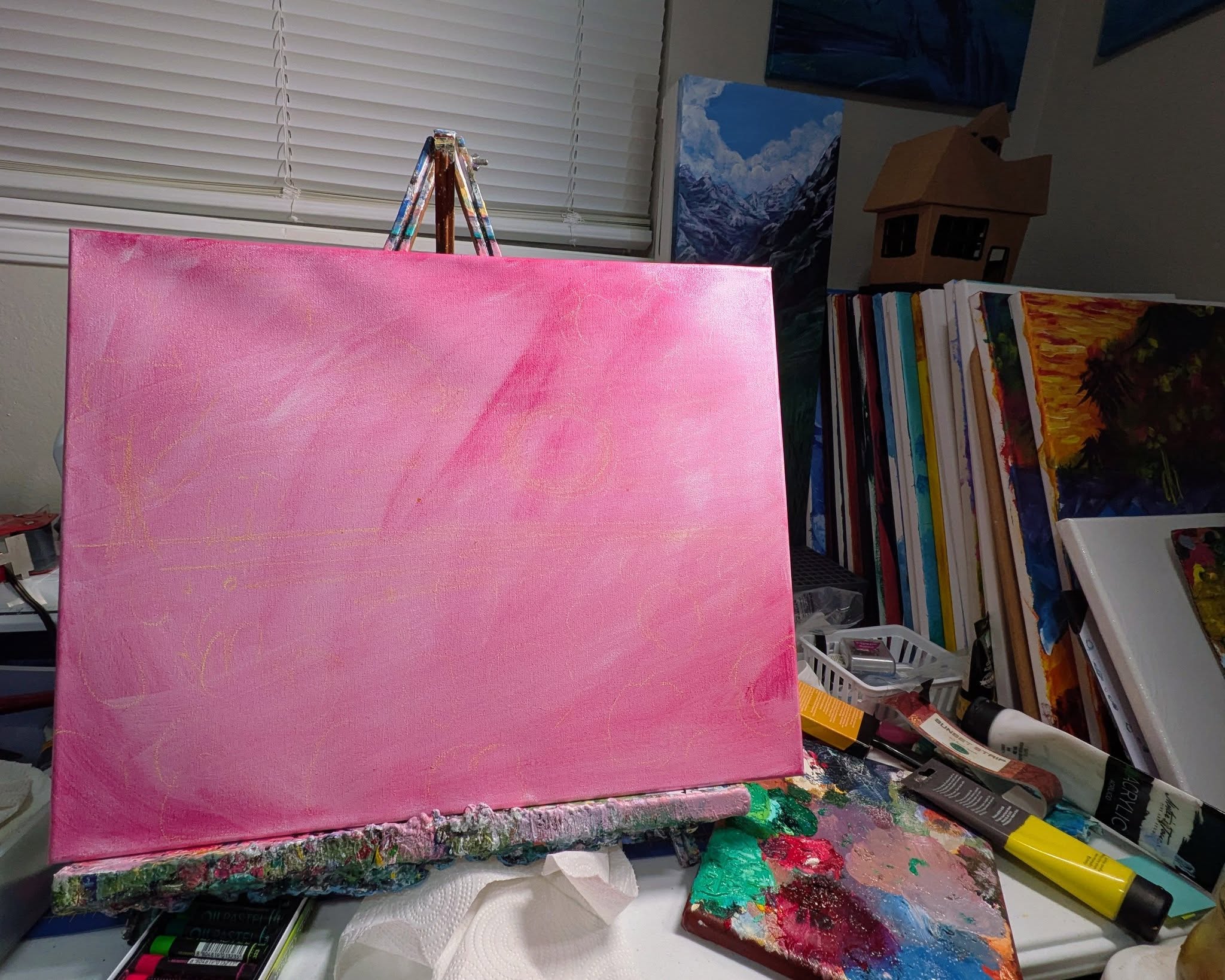 First marks on a blank canvas! I like to start with a sheer layer of color and if you look close you can see the chalk sketch of Painted Petals, 2026, oil pastel and paint on canvas, 16"x20", $250 which was on display in the Myriad Gardens Tulip Mania show and is currenlty awaiting its forever home! #myriadgardens #tulipseason #oilpainting #theepiccontd #cccaldwellart