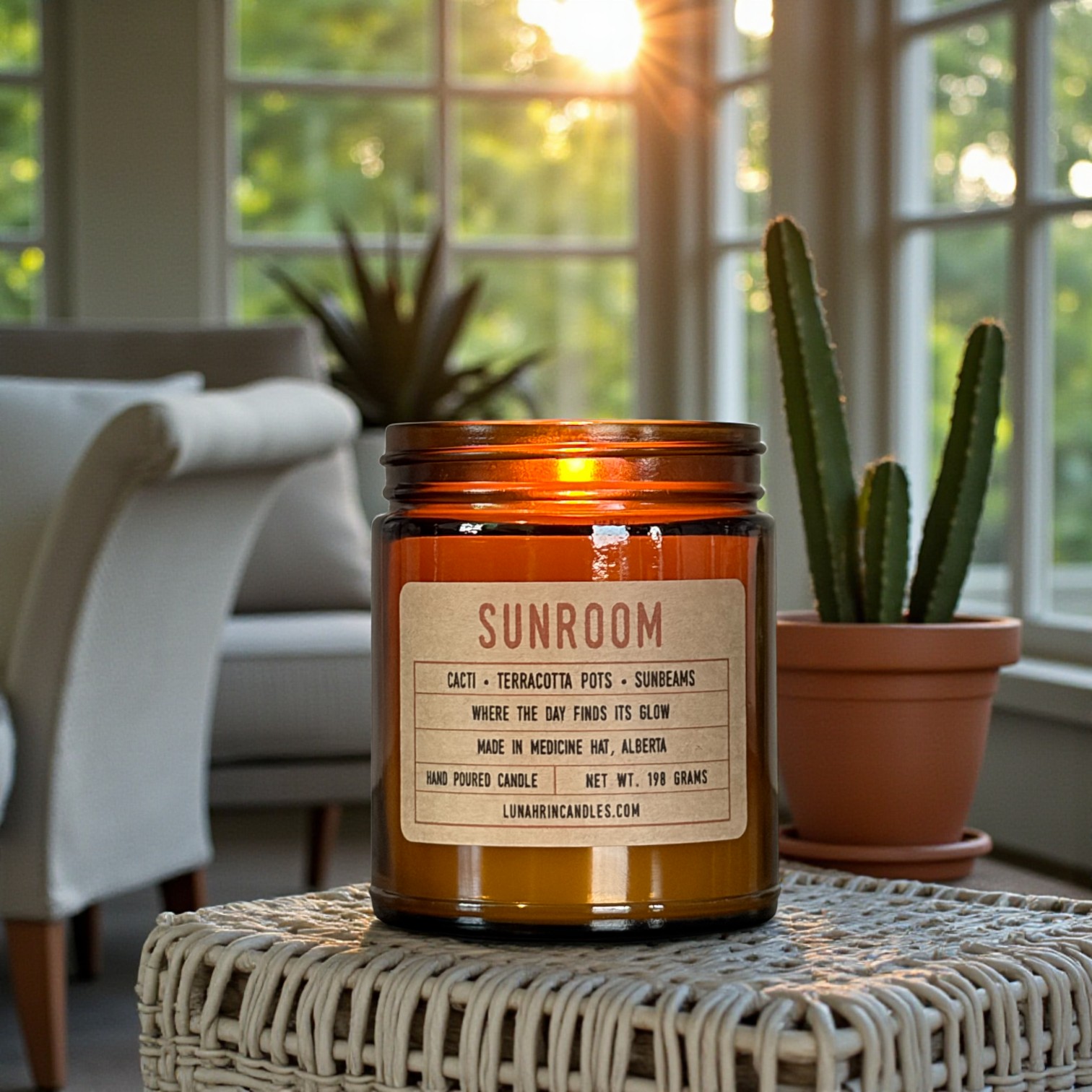 The light finds this room first. Terracotta pots line the sill, the cacti in them unbothered by the heat. The wicker chair is already claimed, the paper unfolded. Outside the glass, the day is warming up. In here, it already has.
You know that cold green smell when you open the floral display at the store? Someone told me that is exactly what this smells like. They are not wrong.
Cacti · Terracotta Pots · Sunbeams
https://www.lunahrincandles.com/product-page/sunroom-candle