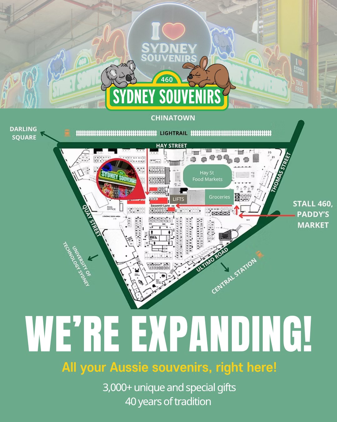 We’re expanding! 🎉
Find us even easier at Paddy’s Market — now bigger and better.
🛍️ 460 Sydney Souvenirs
📍 Stall 460, Paddy’s Markets, Haymarket, Sydney
🕘 Wed–Sun | 9am–6pm
🦘 From iconic gifts to fun finds, it’s all here
Drop by and pick your favourite 🐨💛
#sydneysouvenirs
#sydneyshopping
#paddysmarkets
#haymarketsydney
#sydneytravel
#giftideas