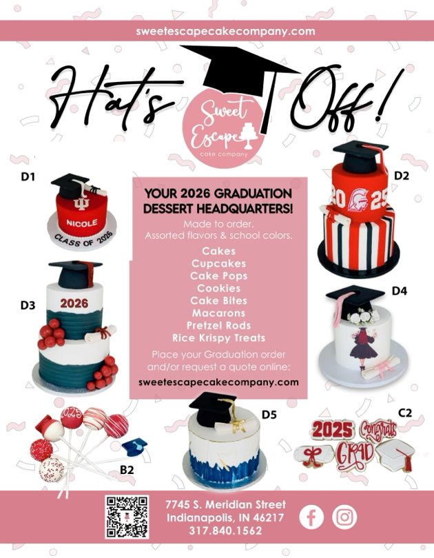 Hat's off to the Class of 2026! ๐
Graduation season is here and our calendar is filling quickly!We're taking orders for custom tiered cakes, cupcakes, cake pops, cookies, macarons, chocolate-covered pretzels, and more- all made fresh in your school's colors and flavors.
See image 2 for pricing. Popular weekends book first, so be sure reserve your date soon!
Custom orders & quotes: sweetescapecakecompany.com/get-quote
In-stock sweets ready now: ordersweets.net
7745 S. Meridian St., Indianapolis
317-840-1562