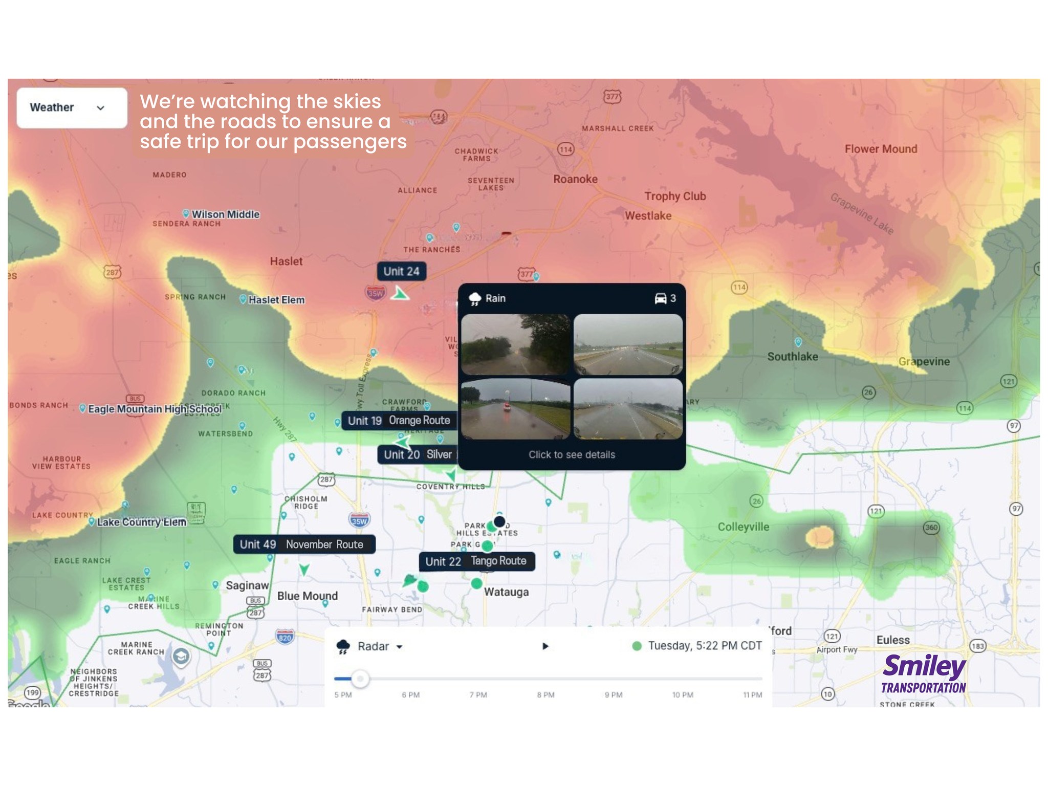 ๐จ Real-Time Safety Matters ๐จ
This isnโt just a map โ this is what we see in real time through our integration with Samsara.
๐ฉ๏ธ Live storm tracking
๐ง Traffic delays
๐ Exact driver locations
๐ Real-time visibility of what drivers are seeing out their windshield
When weather rolls in like this, weโre not guessing. Weโre actively monitoring conditions minute-by-minute and making informed decisions to keep your children safe.
โ๏ธ We can reroute drivers instantly
โ๏ธ We can slow down or pause routes when needed
โ๏ธ We can communicate quickly with our team based on actual conditions โ not assumptions
This is the difference.
Many smaller, โmom & popโ shuttle services rely on basic GPS (or none at all). They donโt have:
โข Live environmental overlays
โข Integrated safety cameras
โข Real-time fleet visibility
โข Data-backed decision making
At Smiley Transportation, safety isnโt just a promise โ itโs built into our technology.
Because when it comes to your kidsโฆ
โhoping for the bestโ isnโt good enough. ๐