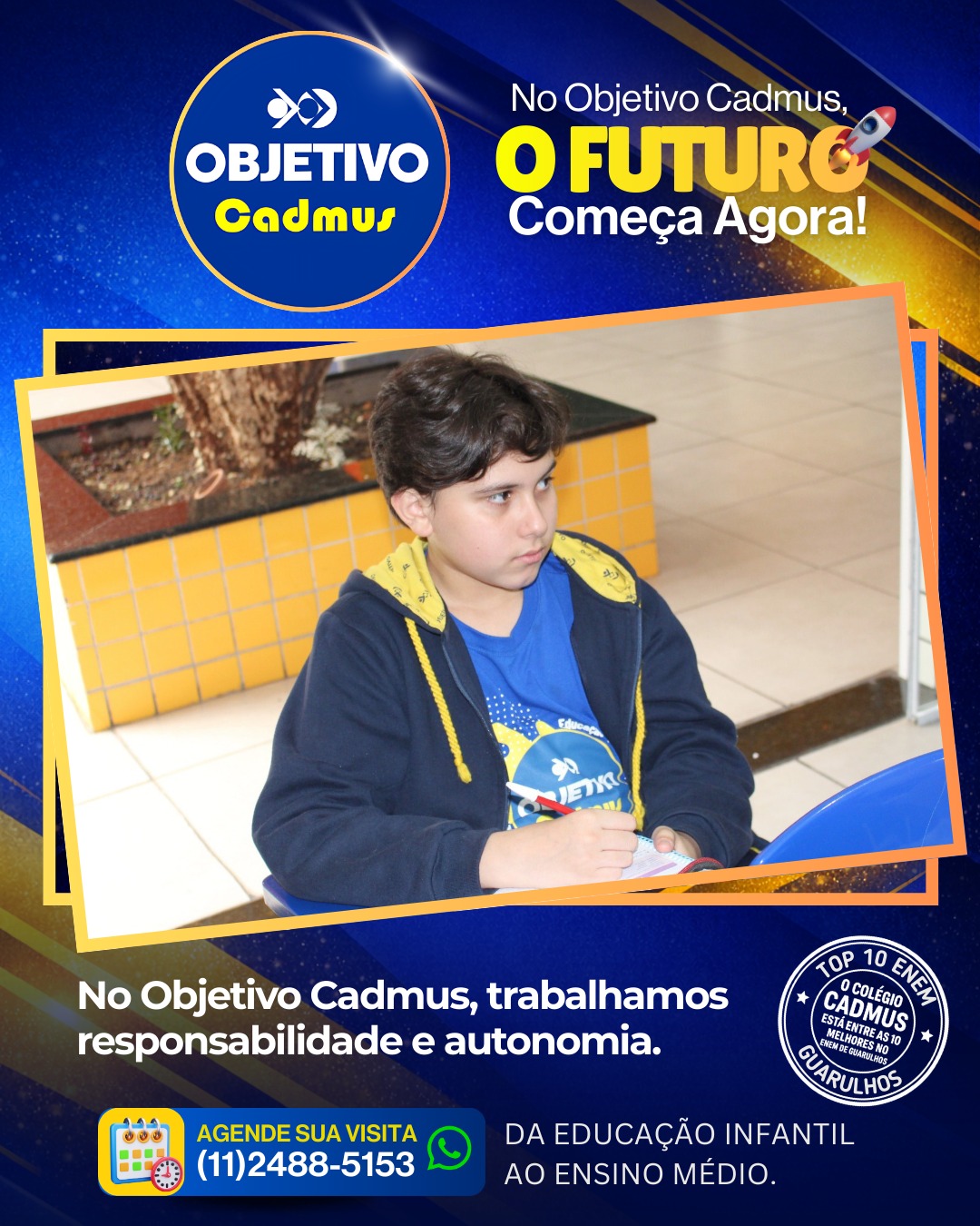 Seu filho merece o melhor e mais perto de você. Ensino do Infantil ao Médio com a qualidade do Sistema Objetivo.
Rua: Sargento da Aeronautica Benedito Fumeni, 586. Jardim Cumbica.