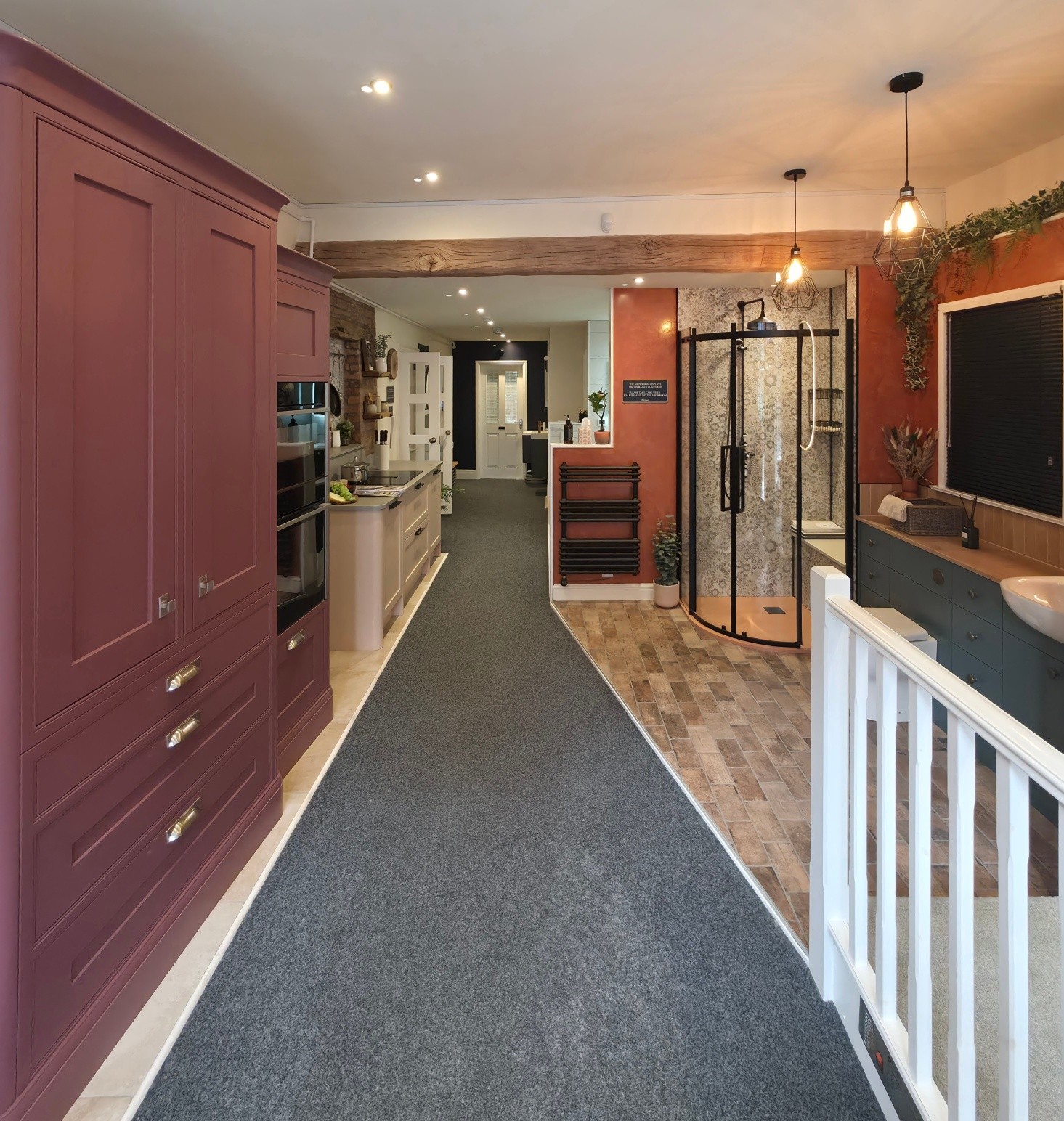 Here is the picture of what awaits you as you enter our gorgeous showroom here in Wirksworth.
This picture features our bespoke handpainted breakfast cupboard, our brick flooring in our very striking bathroom!