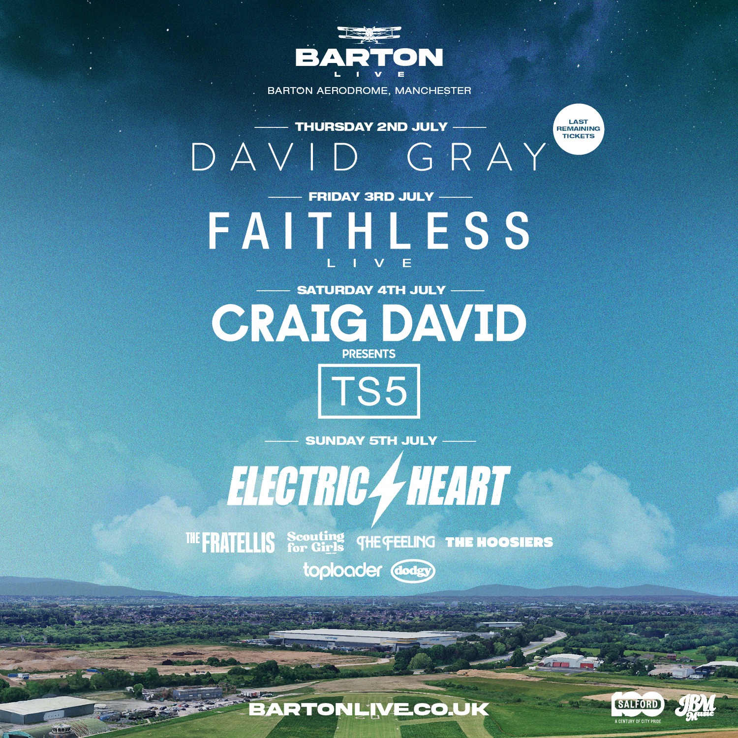 MAY BANK HOLIDAY FLASH SALE – BARTON LIVE
Until Tuesday only, flash sale tickets are available across the Barton LIVE weekend at Barton Aerodrome. Very limited available, don't miss out!
FRI 3 JULY – Craig David Presents TS5
Standard from £25 / VIP from £50
SAT 4 JULY – Faithless LIVE
VIP from £50
SUN 5 JULY – Electric Heart
Standard from £25 / VIP from £50
This offer ends Tuesday, and availability is seriously limited. → bartonlive.co.uk
