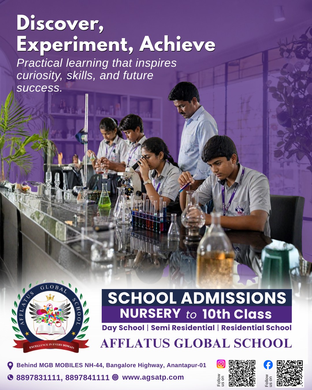 Discover. Experiment. Achieve.
Where practical learning builds curiosity, skills, and real success.
Admissions Open – Nursery to 10th Class
Afflatus Global School, Ananthapur