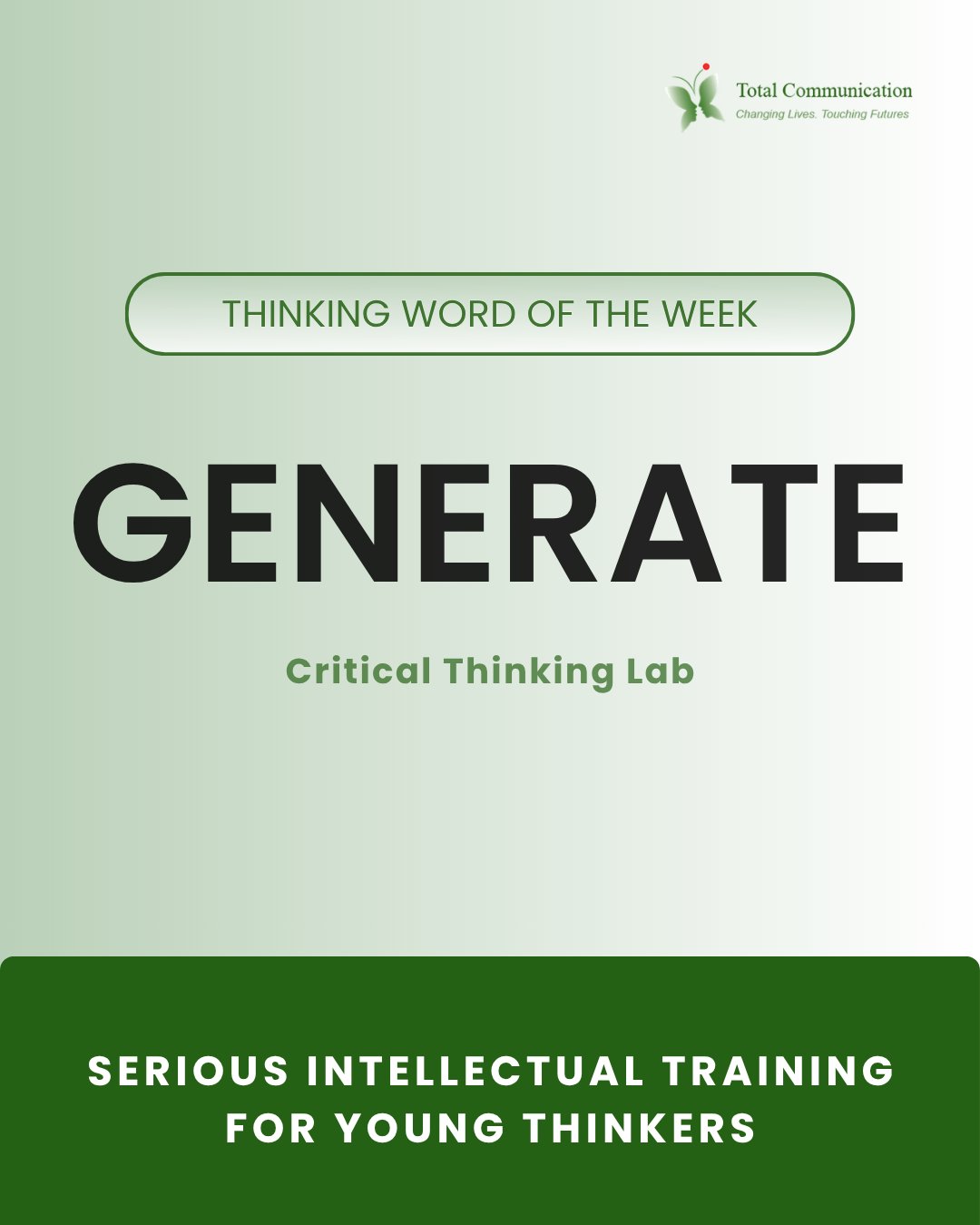 This week’s Critical Thinking Word: GENERATE 💡
To generate means to create something new using what you already know.
In our Critical Thinking Lab, students practise generating numbers, ideas, and solutions, but more importantly, they learn to explain how they created their answers.
Because strong thinking is not random guessing.
It is structured, visible, and purposeful.
At Critical Thinking Lab, we train young thinkers to build ideas with clarity, creativity, and reasoning.
Follow us for more tips on developing serious intellectual training for young thinkers.
#CriticalThinking #YoungThinkers #CreativeThinking #Education #ThinkingSkills #ProblemSolving #CriticalThinkingLab