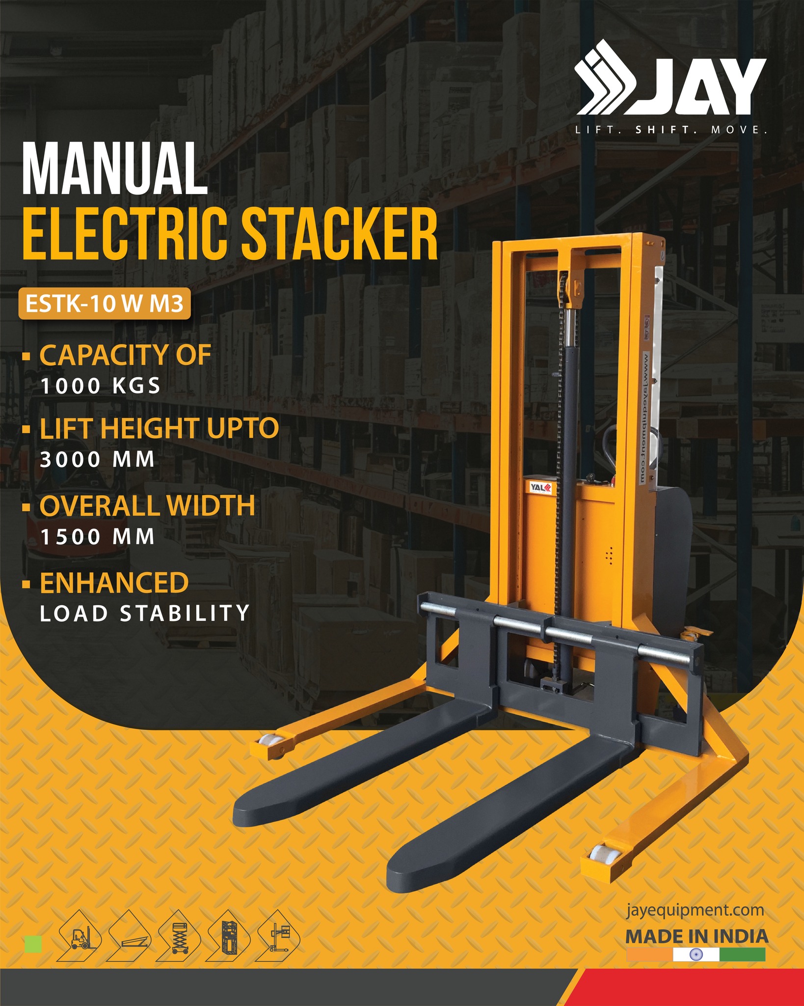 Power meets precision in every lift.
Upgrade your warehouse efficiency with our Manual Electric Stacker – ESTK-10 W M3 — built to handle heavy loads with ease and stability.
.
✔ 1000 kg capacity
✔ Lift height up to 3000 mm
✔ Strong & stable performance
✔ Designed for seamless operations
.
Whether it’s stacking, shifting, or moving — this machine does it all, effortlessly.
.
📩 DM us to learn more or request a quote
📞 Call: +91 95452 34222
📩 Email: sales@jayequipment.com
🌐 jayequipment.com | shop.jayequipment.com
.
#MaterialHandling #ElectricStacker #WarehouseSolutions #IndustrialEquipment #WarehouseEfficiency #JayEquipment