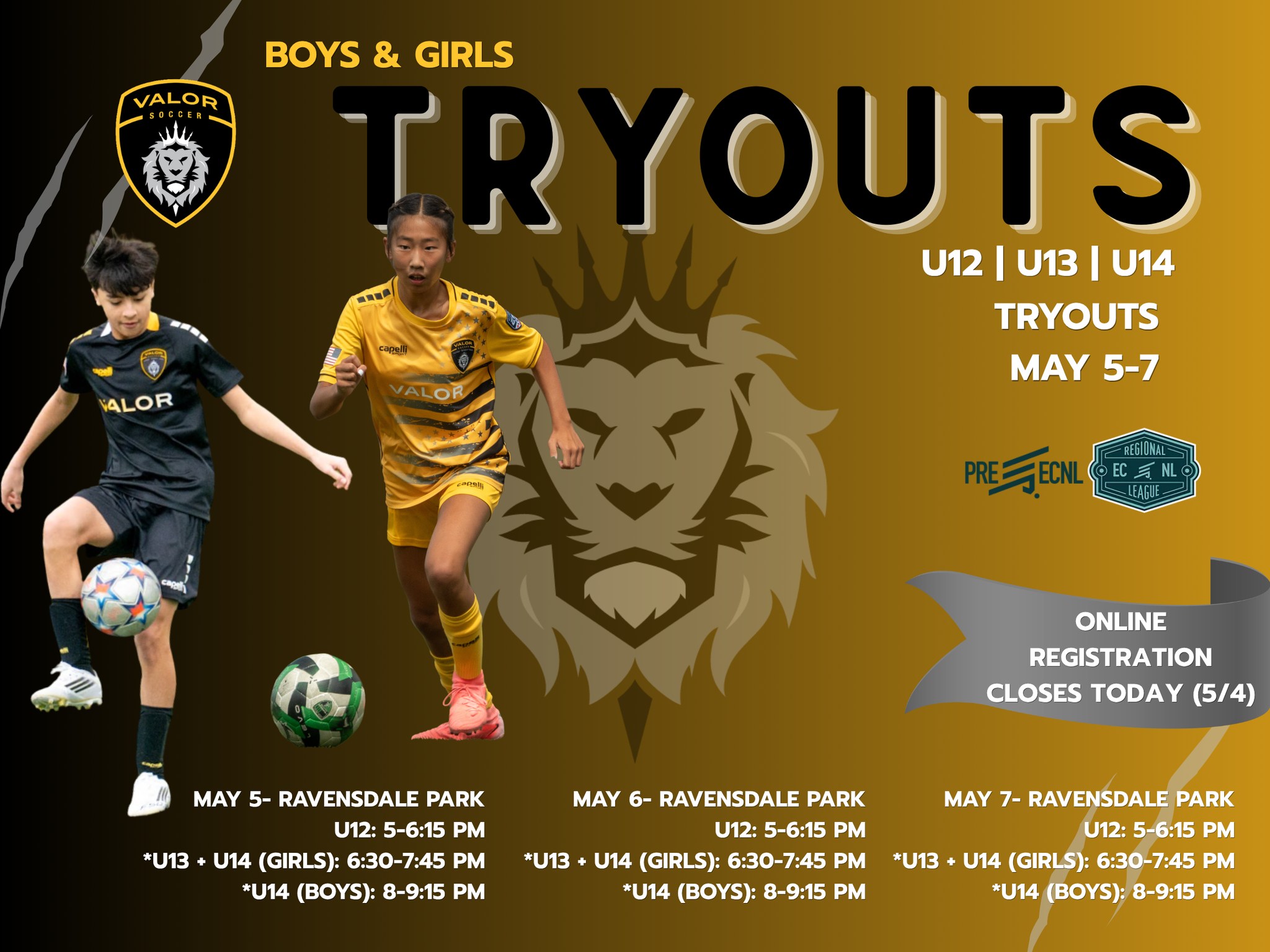 U12-U14 Tryouts start TOMORROW!
*Please note a schedule change, U14 Girls are now scheduled from 6:30-7:45pm with the U13 group.
Online registration closes tonight, with walk-up registration available for an additional fee. #SpringTryouts #ECNLRL #PreECNL #WeAreValor
To register, click the link in our bio.