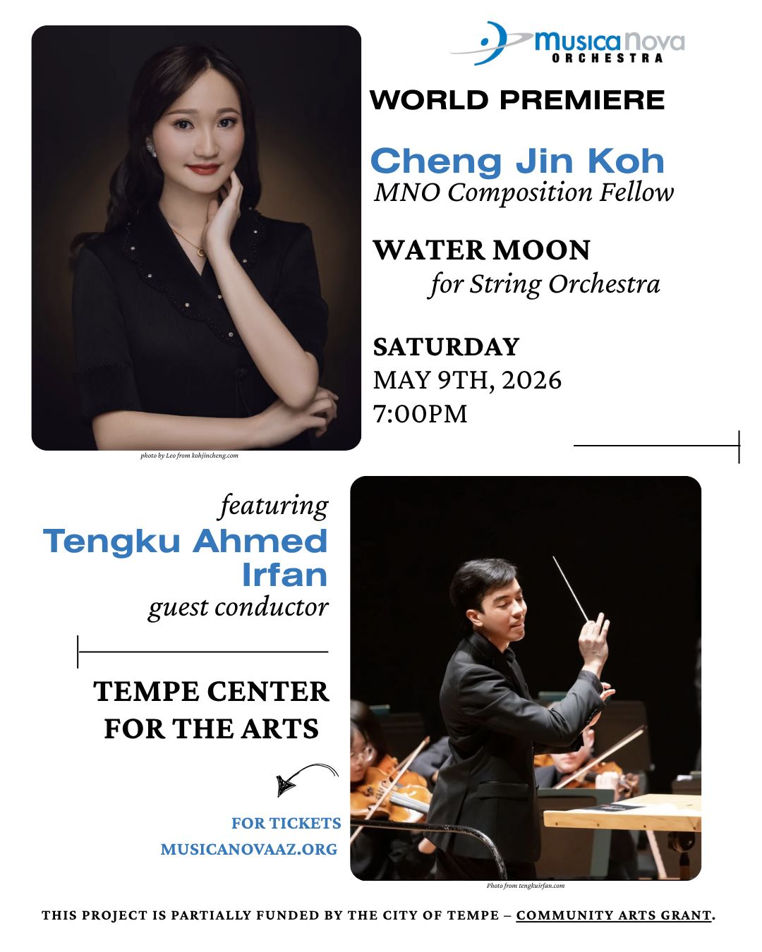 Join us for the world premiere of Water Moon, a mesmerizing new work by Singaporean composer and yangqin artist Cheng Jin Koh, whose music has graced the stages of Lincoln Center and the Sydney Opera House. Rooted in Buddhist philosophy, Water Moon explores beauty that can be felt but never held. Led by the brilliant Tengku Irfan, praised by The New York Times for his "incisiveness and power," and with a Carnegie Hall debut to his name. We will premiere this piece on Saturday, May 9th at the Tempe Center for the Arts.
Tickets: musicanovaaz.org
#LiveMusic #strings #saxophone #tempe #tempecenterforthearts #greaterphoenix #classical #concertseason2026 #worldpremiere