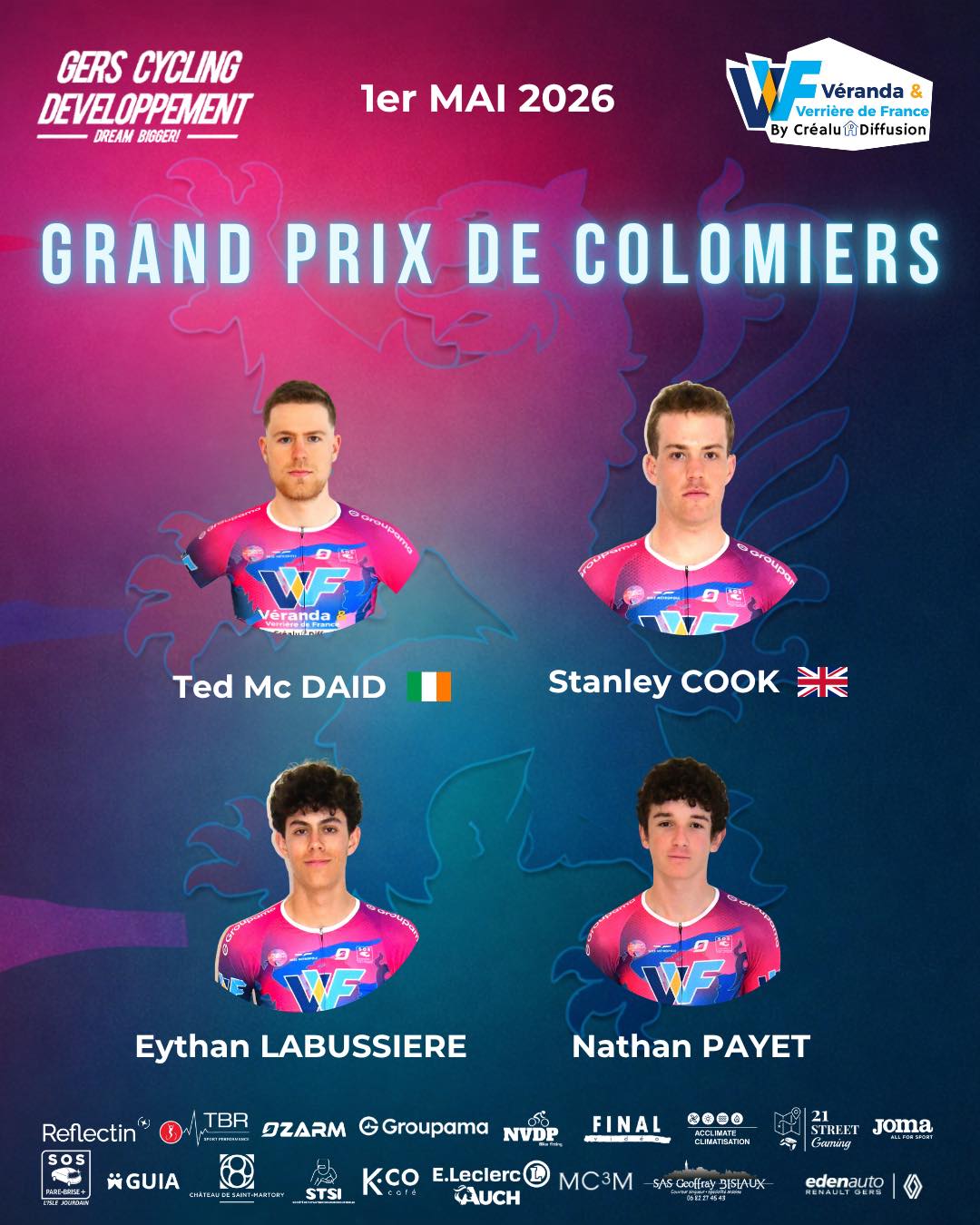 🌸 Jour de course — Grand Prix du Muguet, Colomiers
Direction Colomiers ce 1er mai pour la 61e édition du traditionnel Grand Prix du Muguet, l’un des grands rendez-vous du printemps cycliste régional.
Une course quasi à domicile. Un classique attendu. Et un peloton relevé sur les boulevards columérins.
Le Gers Cycling Développement Véranda Verrière de France y aligne 4 coureurs prêts à porter haut les couleurs de la formation :
🇮🇪 Ted Mc DAID
🇬🇧 Stanley COOK
🇫🇷 Eythan LABUSSIERE
🇫🇷 Nathan PAYET
À tous les quatre : bonne course les gars 💙 On est avec vous.
📍 Colomiers (31) — Vendredi 1er mai 2026
🔔 Départ 14:30
Merci à Véranda et Verrière de France et à l’ensemble de nos partenaires qui rendent ces aventures possibles 🙏
#Cyclisme #GrandPrixDuMuguet #Colomiers #GersCycling #DreamBigger #JourDeCourse