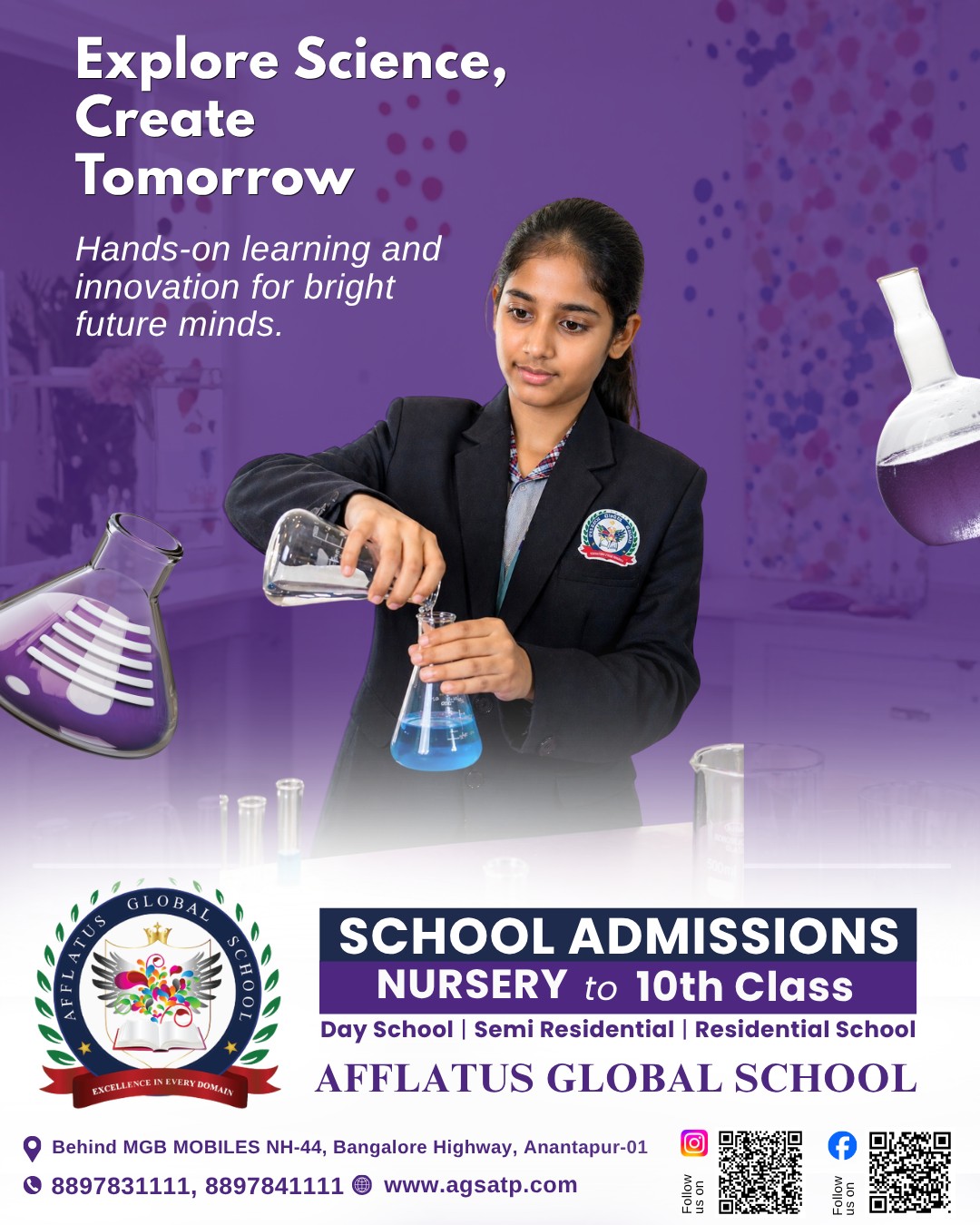 Explore Science. Create Tomorrow.
Where curiosity meets innovation and learning becomes discovery.
Admissions Open – Nursery to 10th Class
Afflatus Global School, Ananthapur
