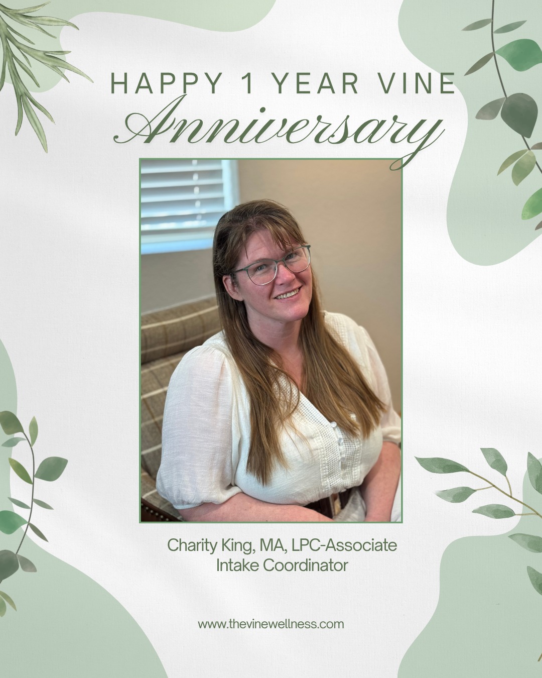 Happy 1st work anniversary to therapist, Charity King. Charity officially joined us in May of 2024 as a graduate student Intern and continued to be part of our team as an Associate Therapist in 2025. We are so grateful for Charity; her hunger for learning, curiosity, and integrity contribute to the characteristics that clients and colleagues love about her!
Learn more about Charity HERE:
https://www.thevinewellness.com/team/charity-king
#thevinewellnessgroup #sanantonio #faithbasedcounseling #stoneoaksanantonio #sanantoniocounselor #couplestherapy #marriagetherapy #workanniversary
