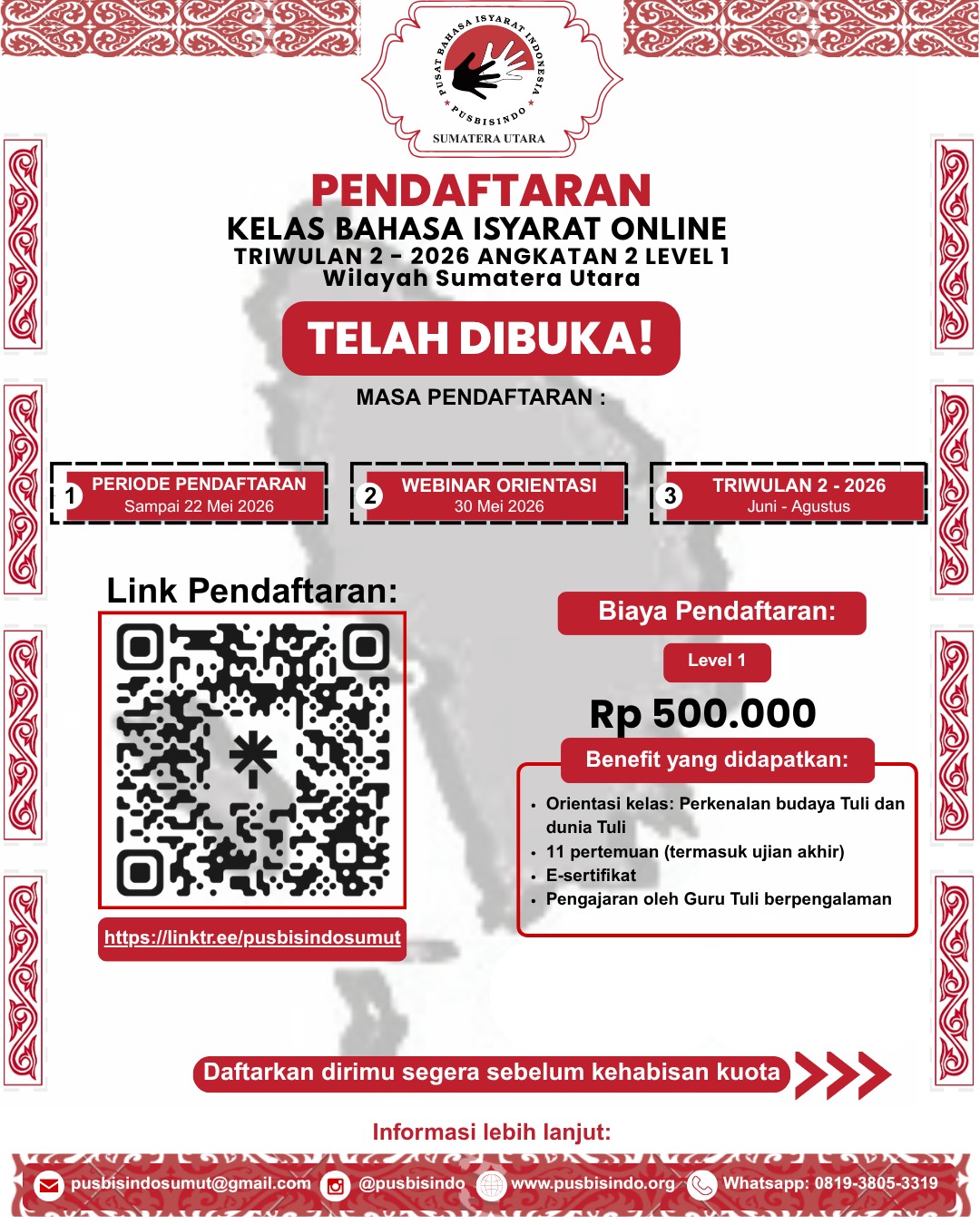 Horas, Sahabat Pusbisindo di Sumatera Utara! πβ¨
Pendaftaran Kelas Bahasa Isyarat Level 1 angkatan 2 2026 telah dibuka!! Tersedia kelas online. Kali ini, kami juga membuka kelas online di Sumatera Utaraπ₯³
Yuk daftarkan dan rasakan pengalaman belajar baru. Kesempatan kamu untuk memahami Bisindo sambil praktik langsung bersama guru Tuli.
π Periode Pendaftaran: sampai 22 Mei 2026
β‘οΈ Kuota terbatas! Pendaftaran dapat ditutup lebih awal apabila mencapai kuota.
Benefit yang Kamu Dapatkan
Orientasi Kelas:
1. Budaya Tuli dan dunia Tuli
2. 11 pertemuan (termasuk ujian akhir)
3. E-sertifikat
4. Pengajaran oleh Guru Tuli
Daftar sekarang melalui link di bio atau scan QR code pada poster
πhttps://linktr.ee/pusbisindosumut
Informasi lebih lanjut, hubungi Pusbisindo Sumatera Utara melalui whatsapp:
di nomor +62 819-3805-3319 (Hanya Chat)
Terimakasih, sampai jumpa di kelas Bisindo area Sumatera Utara! β¨
#bahasaisyarat #kelasbahasaisyarat #bisindo #bahasaisyaratindonesia #kelasbahasaisyaratindonesia