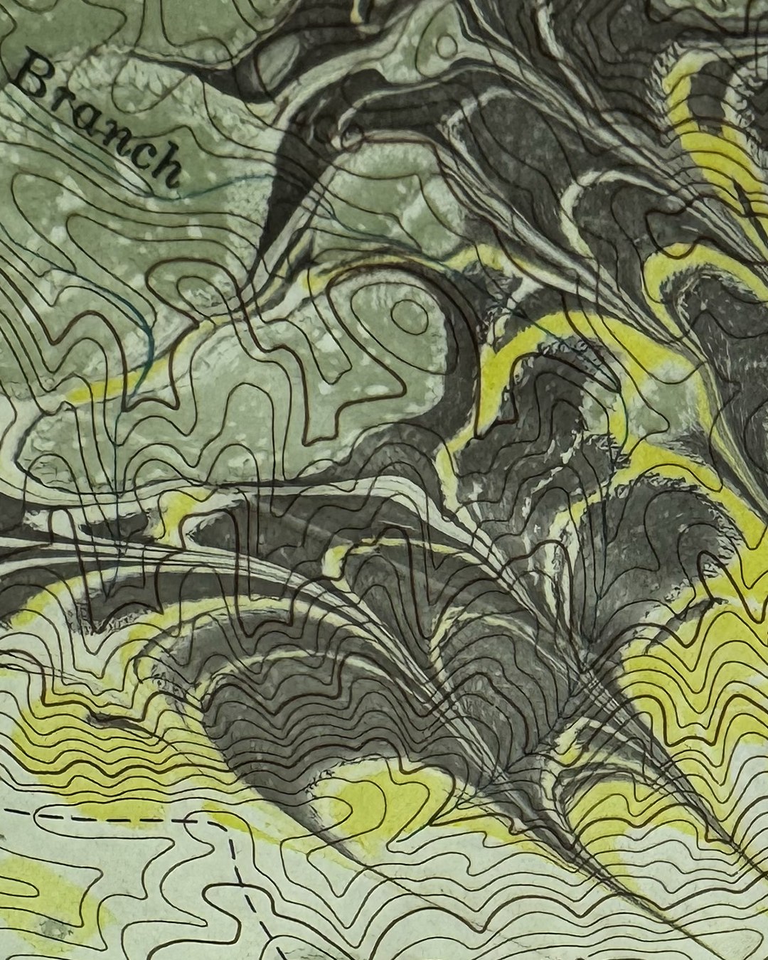 “WHITE OAKS” (detail) marbling on vintage topo map
Whiteoak Flats is the original name of Gatlinburg because of, can you guess?, the abundance of white oak trees. The renaming of the town in the 1850’s came about with the modern convenience of a local post office and a controversial settler, Radford C. Gatlin, who also is recognized as the first tourist to the area after five years of living there.
The cemetery is the main claim to fame now with a number of unique 250-year-old historic graves of the original settlers to the region.
#gatlinburg
#MarblingArt
#PaperMarbling
#TopoMapArt
#ContemporaryCraft