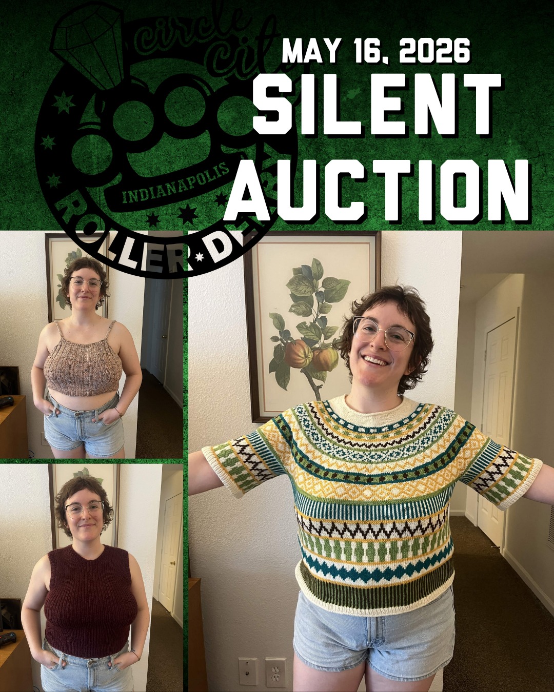 Only one week left until our SILENT AUCTION!
You have a chance to cozy up in your own custom knit garment made by our very own Saratonin!
Take part in our silent auction at our May 16 double header against Burning River Roller Derby and Vette City Roller Derby for the chance to bid!
Buy bout tickets here: https://circle-city-roller-derby.square.site/product/5-16-presale-ticket/45?cp=true&sa=true&sbp=false&q=false