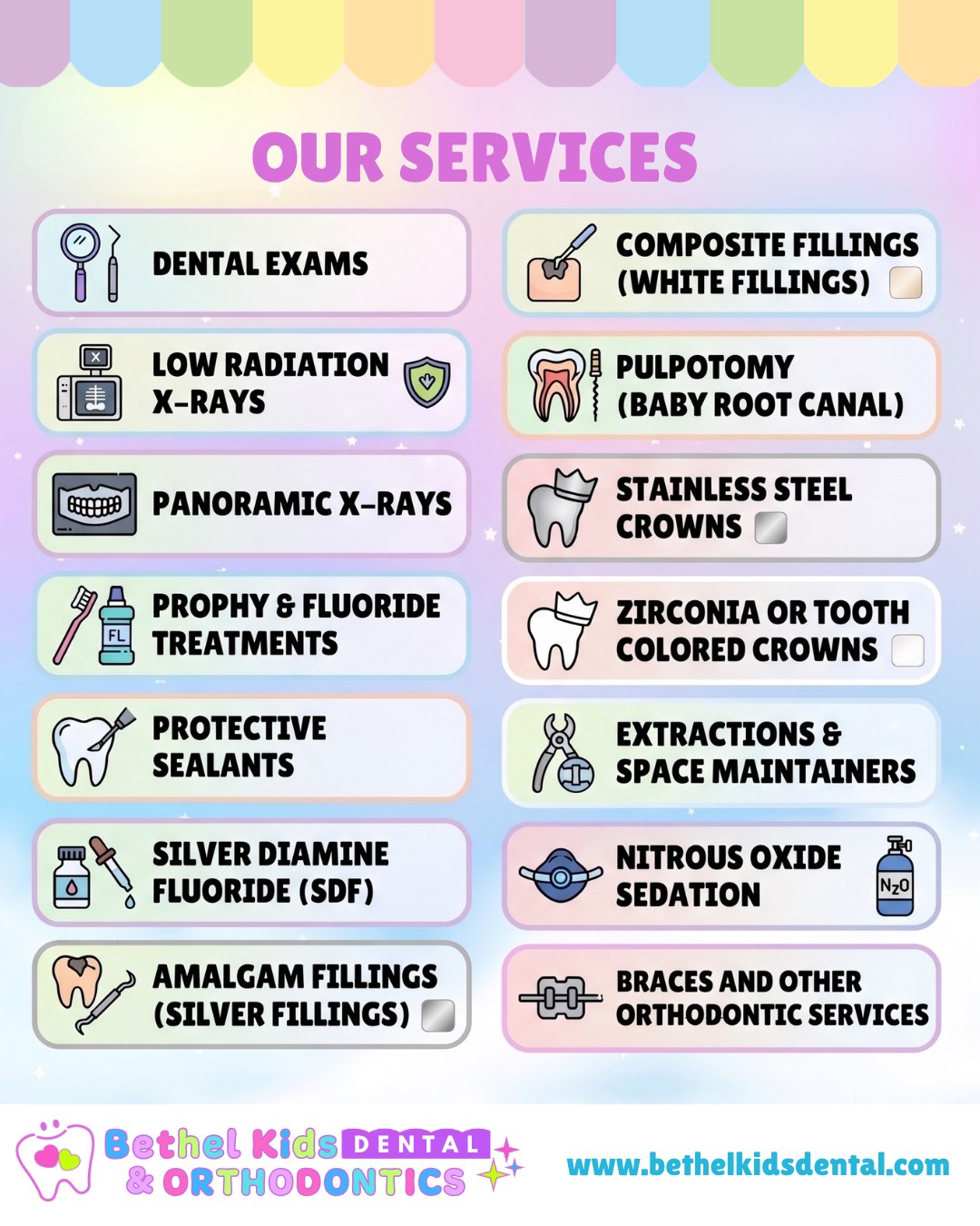🦷 From check-ups to braces, we've got your family covered!
At Bethel Kids Dental & Orthodontics, we offer a full range of gentle, child-friendly dental services — because every smile deserves the best care from the very start. 💛
📍 Find us at any of our three locations:
Lodi: 531 W. Kettleman Lane, Lodi, CA 95240
📞 (209) 400-2018 | ✉️ bkdlodi@bethelkidsdental.com
Manteca: 1660 W. Yosemite Ave. Ste. 1, Manteca, CA 95337 |
📞 (209) 500-1910 | ✉️ bkdmanteca@bethelkidsdental.com
Sacramento: 3633 Bradshaw Rd. Ste. A, Sacramento, CA 95827 |
📞 (916) 810-2025 | ✉️ bkdsacramento@bethelkidsdental.com
🌐 www.bethelkidsdental.com
#BethelKidsDental #KidsDentist #PediatricDentistry #ChildrensDentist #FamilyDentistry #OrthodonticsForKids #HealthySmiles #GentleDentistry #LodiCA #MantecaCA #SacramentoCA #KidsOrthodontics #ToothFairy #BracesForkids #DentalCare