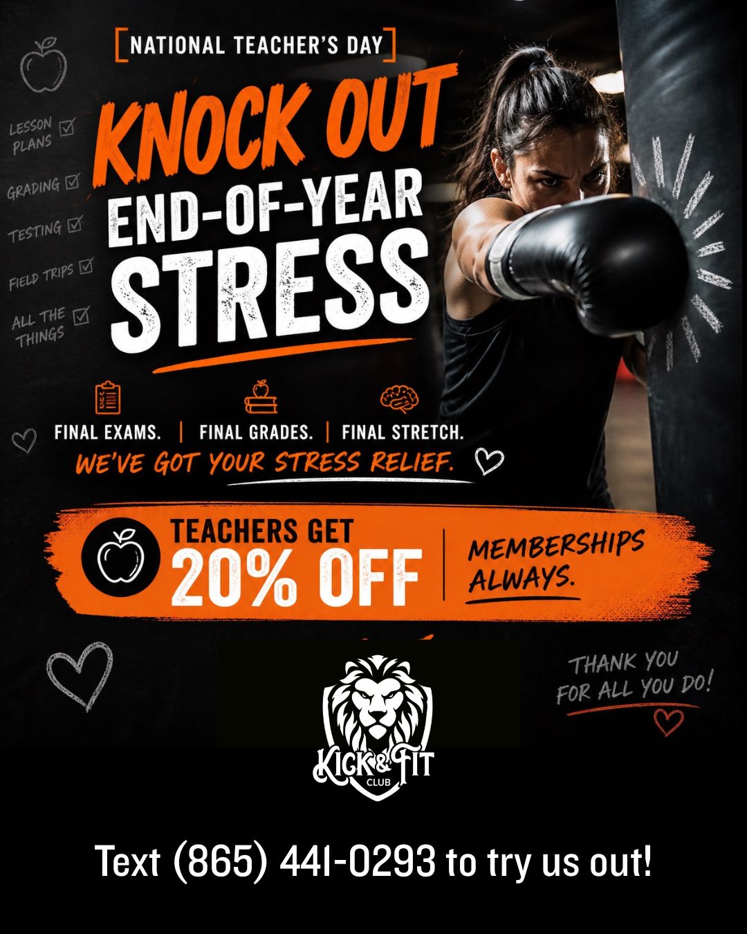 Itâs the final stretch⊠and we know itâs a lot.
Lesson plans, testing, end-of-year chaosâteachers are doing it all right now.
Come knock out some stress with us. đ„
Youâve earned it.
Teachers get 20% off membershipsâalways. #firstclassfree