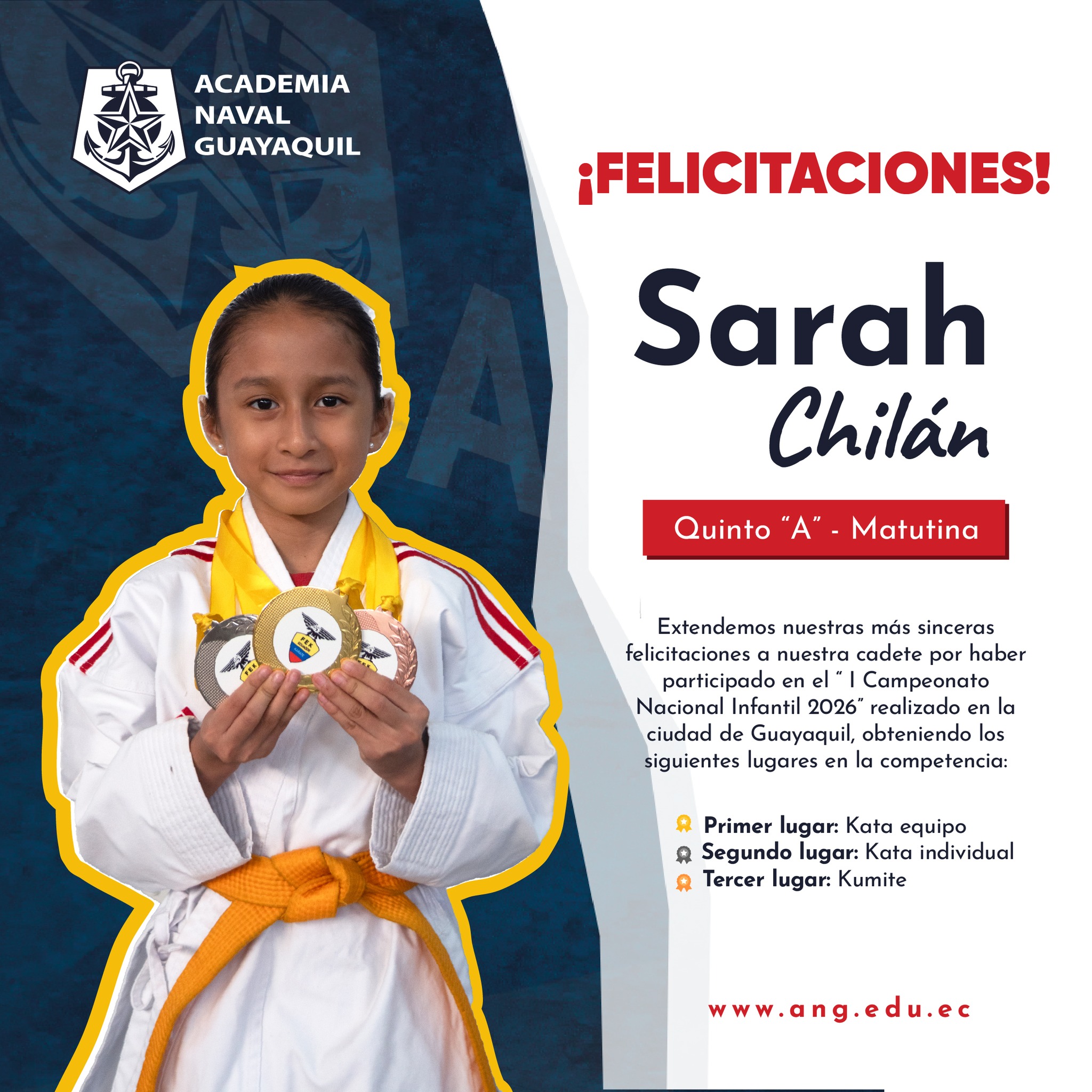 Felicitamos con gran orgullo a nuestra cadete Sarah Chilán por su destacada participación en el I Campeonato Nacional Infantil 2026, realizado en Guayaquil del 7 al 9 de mayo. ⚓🏆
Gracias a su esfuerzo, disciplina y dedicación obtuvo:
🥇 Kata Equipo
🥈 Kata Individual
🥉 Kumite
Cada logro refleja su compromiso, perseverancia y espíritu de superación. ¡Continúa dejando en alto el nombre de nuestra institución! ✨
#OrgulloNavalino #DisciplinaQueTransforma #ANG #TalentoNavalino