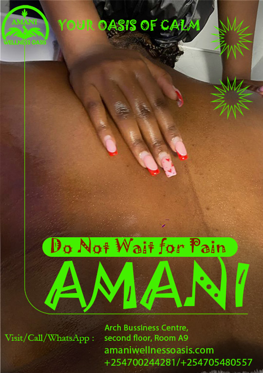 Don’t wait for pain to remind you to take care of your body.
Regular self-care helps reduce tension, improve relaxation, and keep your body feeling balanced.
Book your session today and give your body the care it deserves.
📍 Arch Business Centre, 2nd Floor, Room A9, Along Eastern Bypass
📞 0700 244 281 | 0705 480 557
#SelfCare #Wellness #Massage #AmaniWellnessOasis