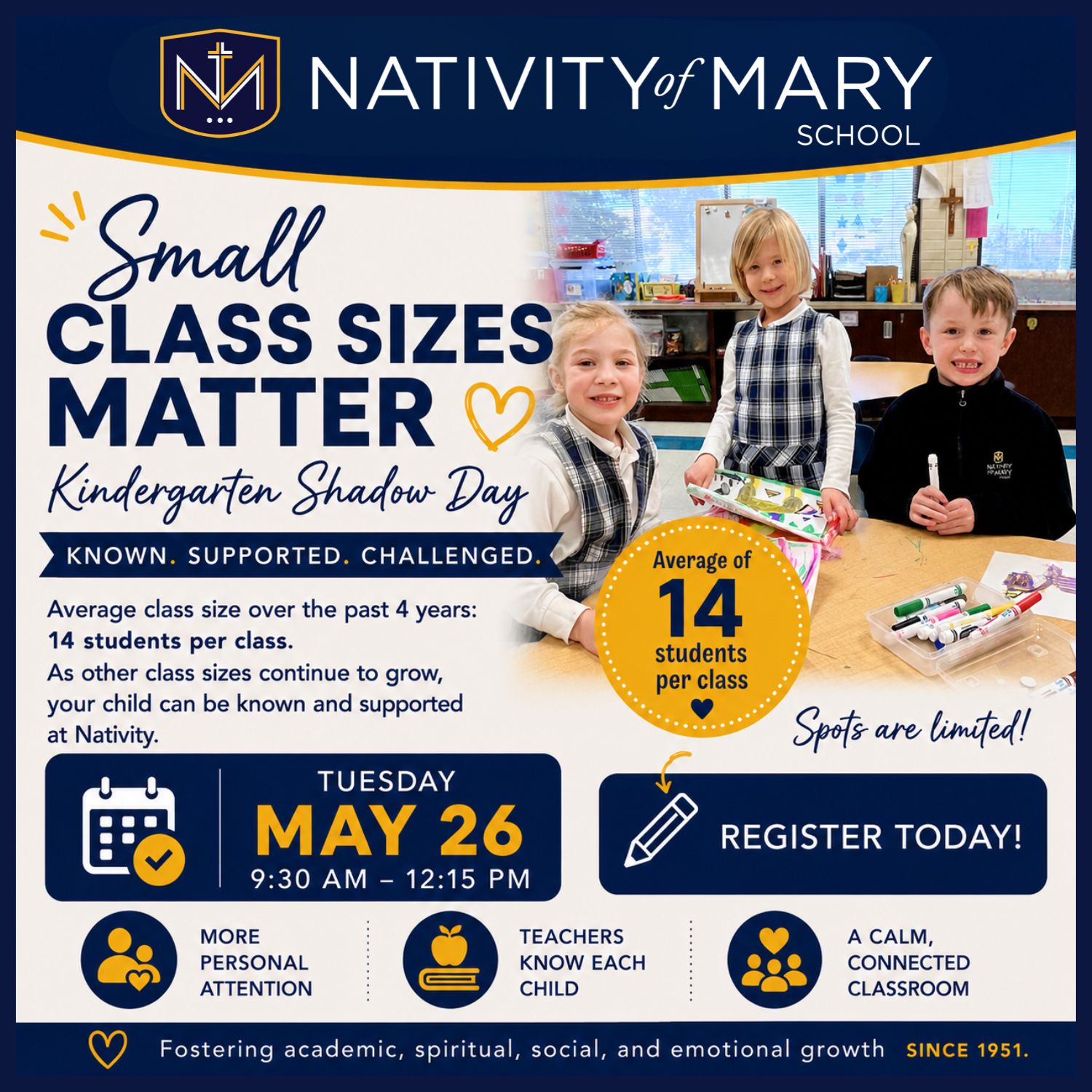 Class sizes are growing in many schools — and families are noticing.
At Nativity, our average class size is 14 students per kindergarten class over the past 4 years. That means more attention, stronger relationships, and a classroom where your child can truly be known.
If you’re still deciding where to enroll for next year, Shadow Day is an easy way for students to see our classrooms in action.
👉 Register today (spots are limited).
https://school.nativitybloomington.org/events/kindergarten-shadow-day
#NativityofMarySchool #Kindergarten #SmallClassSizes #KnownAndLoved #ShadowDay #RegisterToday