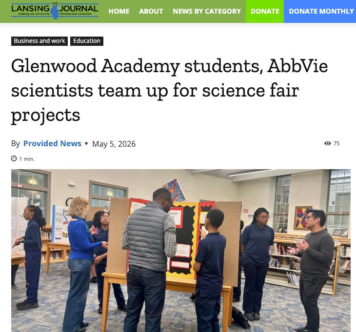 High-fives all around! 🙌 We’re so proud to see our students featured in @thelansingjournal for their collaboration with @abbvie and Landauer scientists! 🧪✨
There’s nothing like seeing our young innovators teaming up with the pros to bring their science fair projects to life. Huge thanks to the teams at AbbVie and Landauer for the mentorship and to the Journal for the shoutout!
Read the full story here: https://thelansingjournal.org/2026/05/05/glenwood-academy-students-abbvie-scientists-team-up-for-science-fair-projects/
#GlenwoodAcademy #STEM #FutureScientists #LansingJournal #AbbVie #ScienceFair Success #CommunityFirst