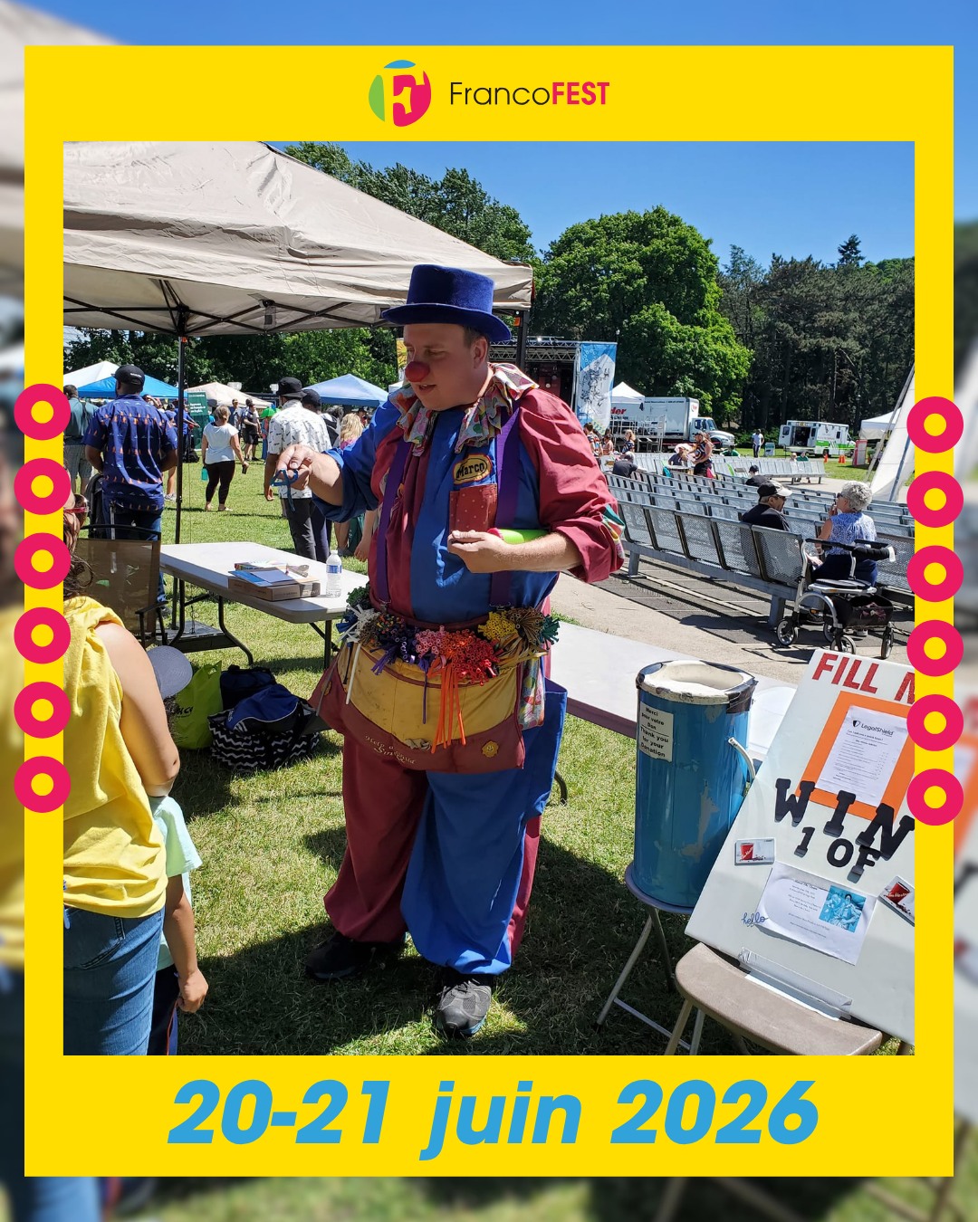 🤡 Des rencontres qui font sourire : Marco The Clown
🗓 20 et 21 juin 2026 – FrancoFEST Hamilton
🎟 Gratuit
Présent chaque année à la FrancoFEST, Marco est devenu une véritable figure emblématique du festival! Avec ses sculptures de ballons, son humour et son cœur grand comme le monde, il émerveillera petits et grands dans un moment de pur bonheur.
Un clown pas comme les autres, à ne pas manquer!