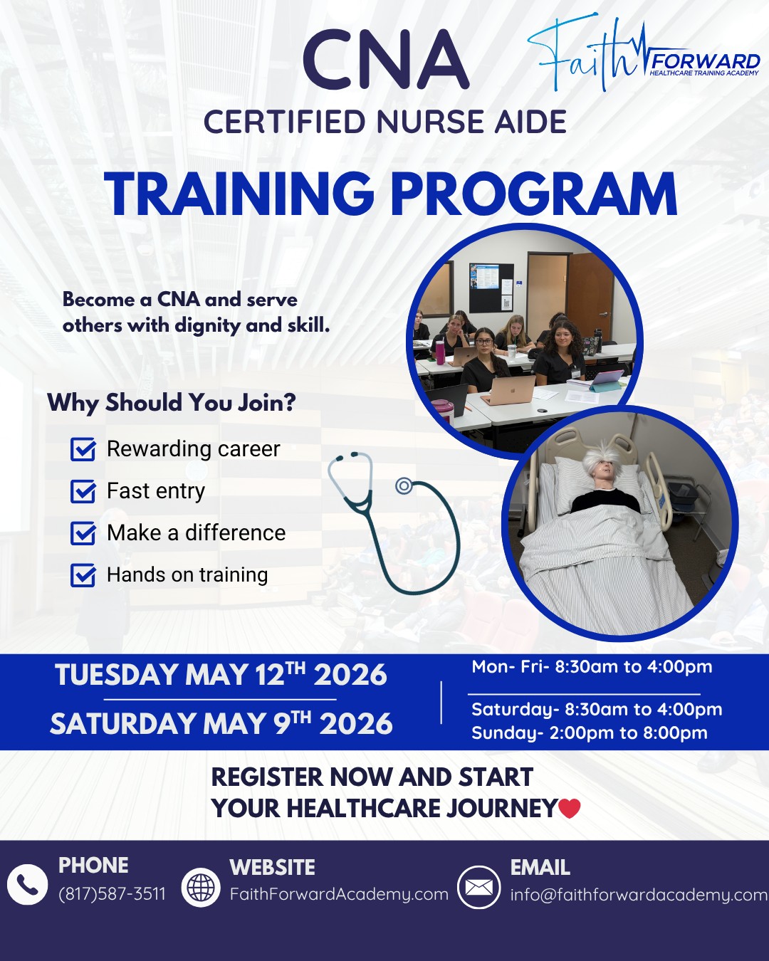 🩺✨ YOUR CNA JOURNEY STARTS THIS MAY! ✨🩺
Ready to step into healthcare and start building your future? Our upcoming CNA classes are enrolling NOW 💙
📅 Weekend CNA: Starts Saturday, May 9th
📅 Weekday CNA: Starts Tuesday, May 12th
Hands-on training, supportive instructors, and real-world skills designed to help you feel confident and prepared for your state exam 💪
✔ Flexible scheduling
✔ Fast-track into healthcare
✔ Skills you’ll actually use
✔ A career that makes a difference
If you’ve been waiting for the right time… this is it 👀✨
📞 (817) 587-3511
🌐 faithforwardacademy.com
📩 DM us to enroll or ask questions!
#CNAProgram #CNATraining #HealthcareCareer #FutureCNA #ScrubsSeason #HealthcareTraining #AlliedHealth #CareerGoals #HealthcareStudents #DFWHealthcare #TexasHealthcare #EnrollNow #FaithForwardAcademy