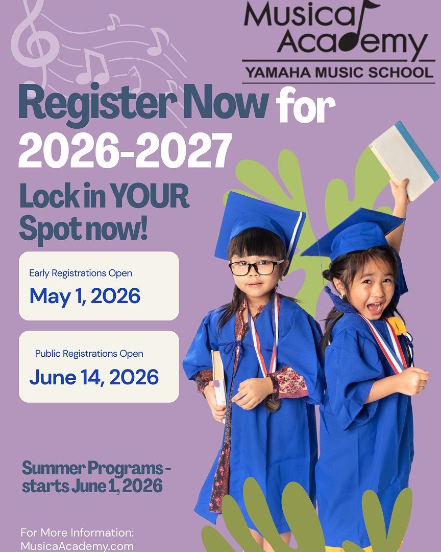 There's no time like now to re-register to continue your music lessons here with us at Musica Academy! Do so now with a $55 deposit, and your spot will be secure, and you can spend summer vacation without any worries! So re-register now!