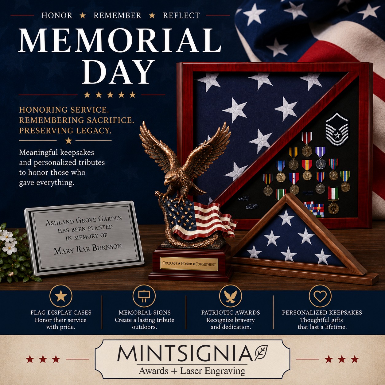 #MemorialDay #HonorAndRemember #neverforget #patrioticgifts #MilitaryTribute #flagdisplaycase #memorialkeepsakes #personalizedgifts #customengraving #engravedgifts #memorialgifts #militarygifts #patrioticdecor #RememberingOurHeroes #mintsignia