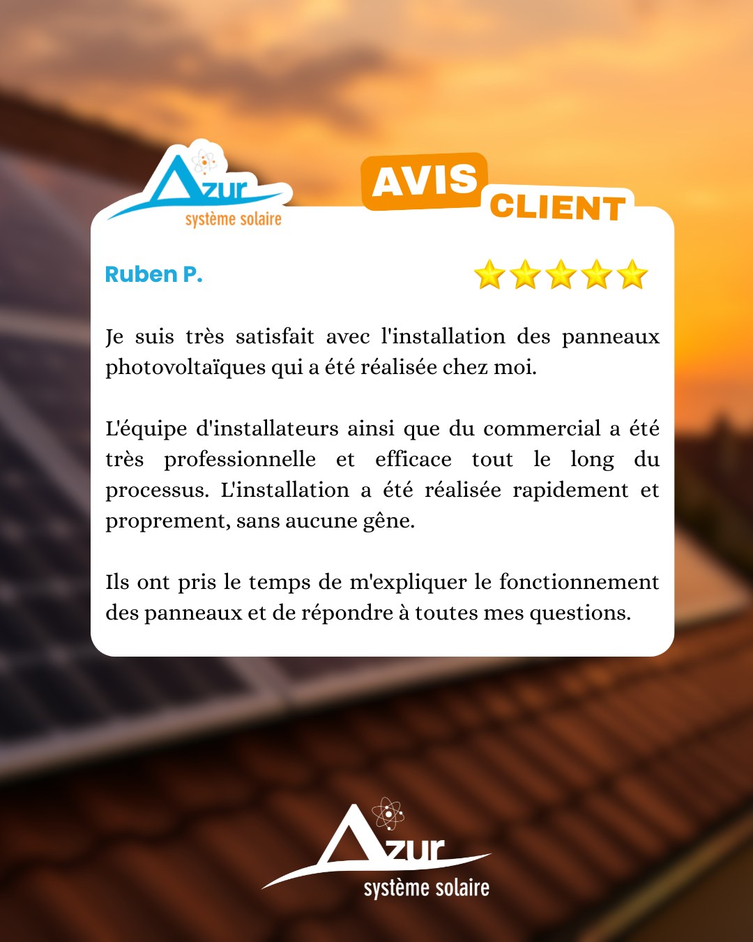 Merci à Ruben P. pour sa confiance !
Chez Azur Système Solaire, nous avons à cœur d’accompagner chaque client avec sérieux, pédagogie et professionnalisme, du premier échange jusqu’à la mise en service.
Installation réalisée rapidement, proprement, sans gêne, accompagnement clair, réponses à chaque question… ce retour met en lumière ce qui compte le plus pour nous : la satisfaction de nos clients à chaque étape du projet. ☀️
Merci pour ce témoignage qui récompense le travail de toute notre équipe, aussi bien sur le terrain qu’en accompagnement commercial. 🙏
#AvisClient #AzurSystemeSolaire #PanneauxSolaires #Photovoltaique #EnergieSolaire #SatisfactionClient #TransitionEnergetique #Grasse