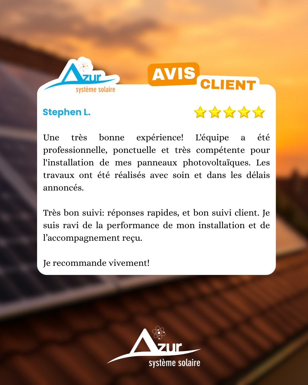 Merci à Stephen L. pour ce superbe retour !
Chez Azur Système Solaire, nous mettons un point d’honneur à offrir un accompagnement sérieux, réactif et de qualité, du premier contact jusqu’au suivi après installation.
Professionnalisme, ponctualité, soin dans la pose, respect des délais, réponses rapides et accompagnement client attentif : ce témoignage reflète exactement l’engagement que nous voulons garantir à chaque projet. ☀️
Nous sommes ravis de savoir que l’installation donne entière satisfaction, aussi bien par sa performance que par l’expérience vécue tout au long du projet.
Merci pour votre confiance et votre recommandation 🙏
#AvisClient #AzurSystemeSolaire #PanneauxSolaires #Photovoltaique #EnergieSolaire #SatisfactionClient #TransitionEnergetique #InstallationSolaire