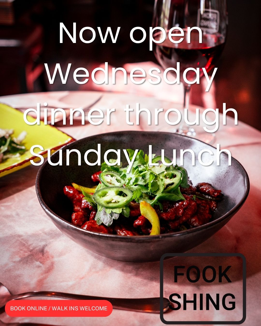 NOW OPEN WEDNESDAY DINNERS AND THURSDAY LUNCH!
Fook Shing is pleased to announce we will be opening Wednesday nights through to Sunday lunch. We have extended our kitchen team to provide depth, more specials and the capacity to open more hours! Hours Wednesday 6pm, Thursday to Saturday Lunch and Dinner, Sunday Lunch. Book online or give us a call!