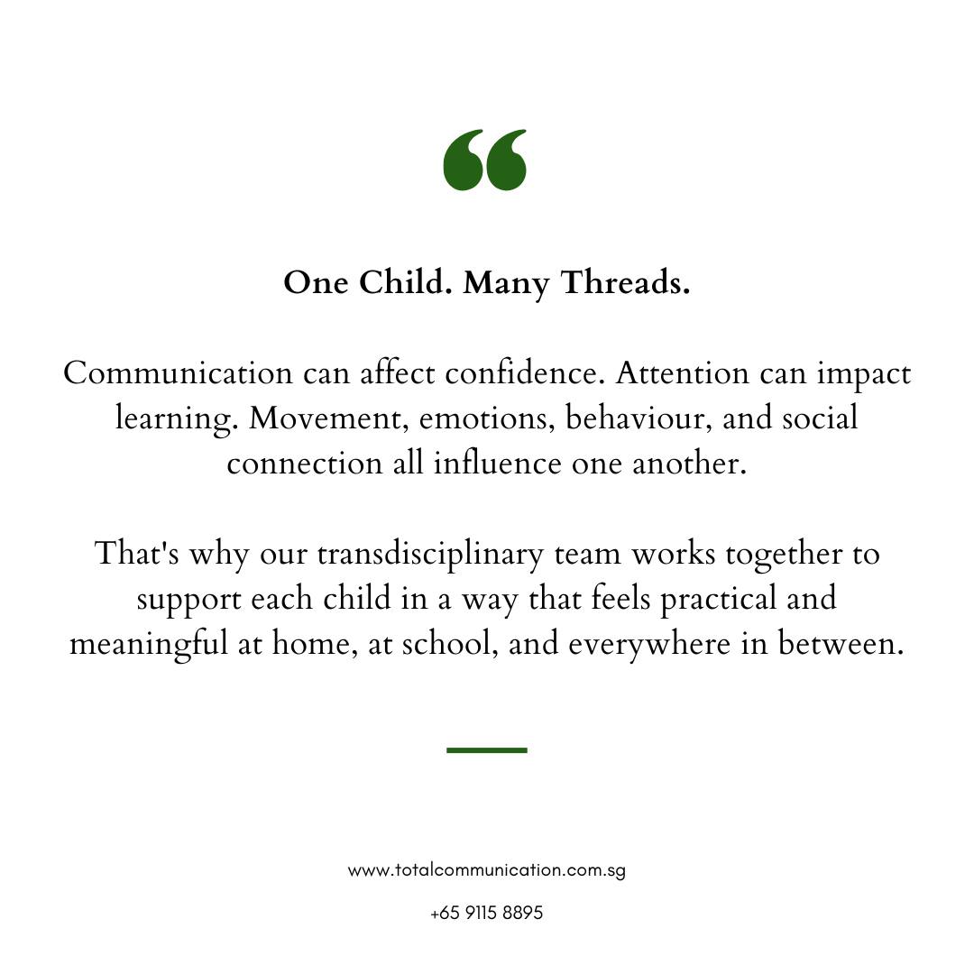 Parenting means paying attention to the details others miss. The hesitation before speaking. The frustration after a long school day. The moments that make you wonder if your child needs a little more support.
Our team brings together integrated therapy to bring the growth that your child needs.
Take the first step. Reach out to us at:
📞 +65 9115 8895
🌐 www.totalcommunication.com.sg
#SpeechTherapy #TransdisciplinaryCare #ChildDevelopmentMatters #EarlyInterventionWorks #totalcommunication